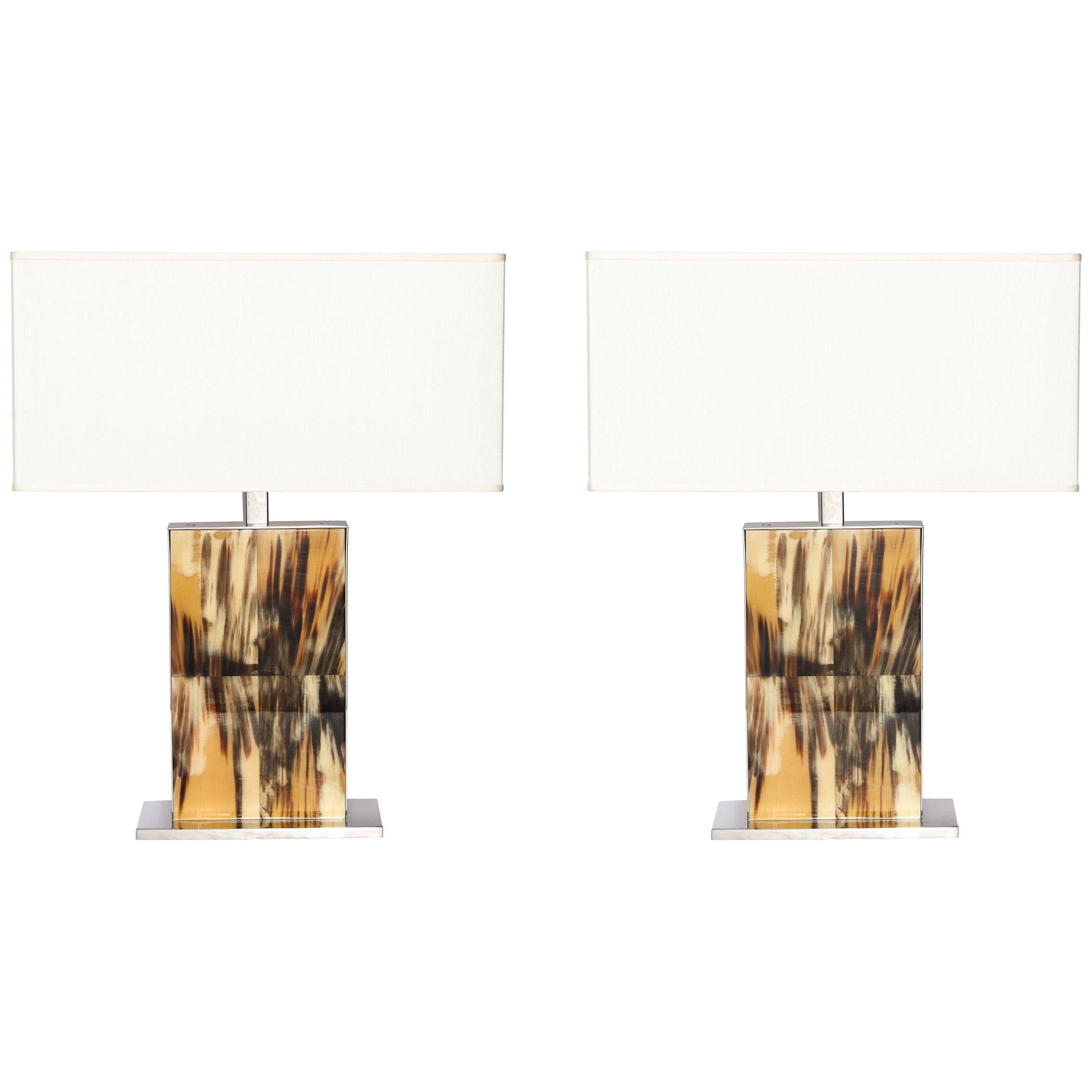 Modernist Rectilinear Table Lamps in Paneled Horn and Polished Nickel