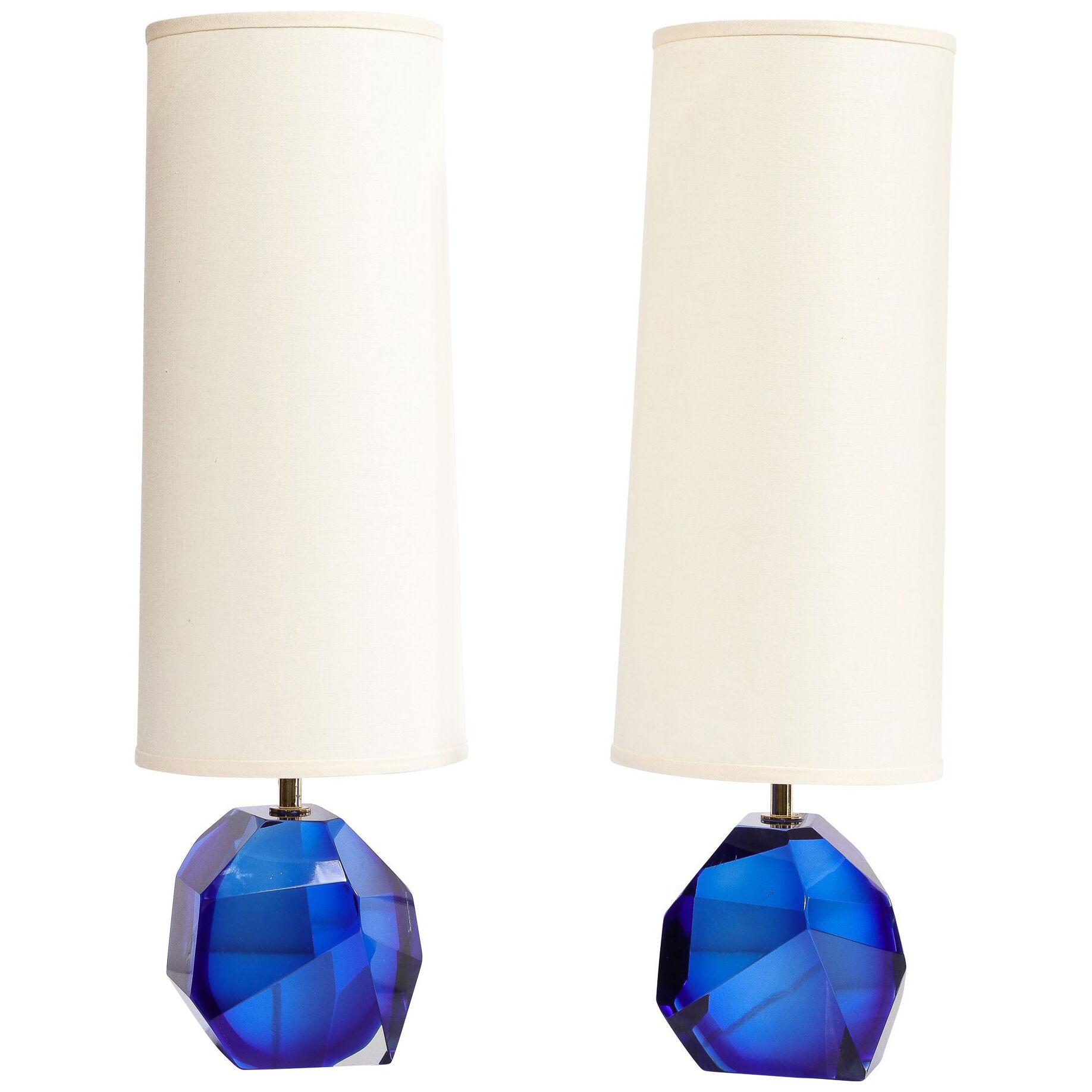Pair of Modernist Faceted Hand-Blown Murano Glass Table Lamps in Sapphire