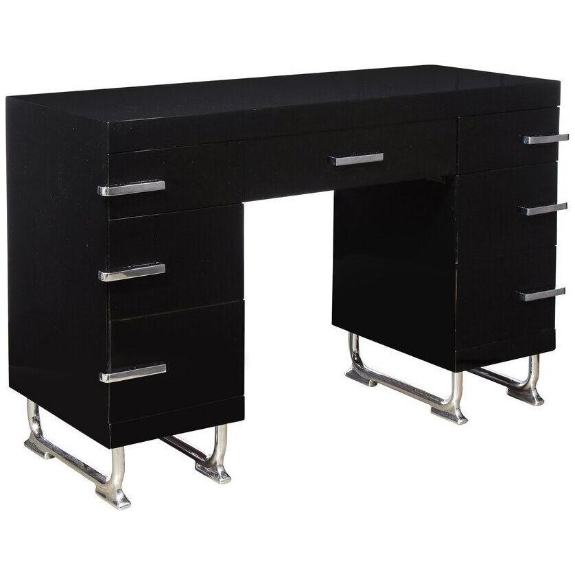 Art Deco Machine Age Black Lacquer Desk with Streamlined Chrome Pulls
