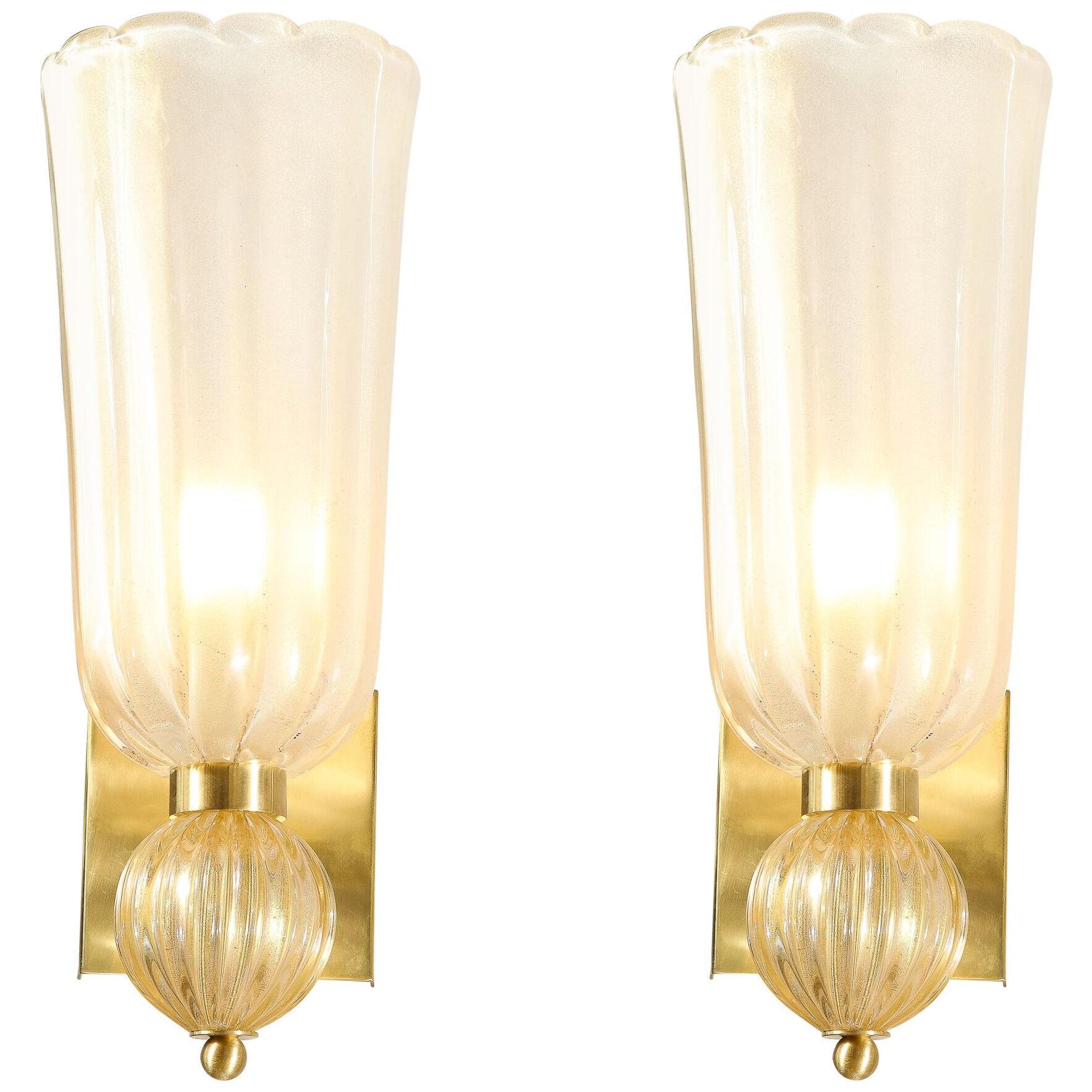 Modernist Handblown Murano Glass Elongated Tulip Sconces w/ 24-kt Gold Flecks