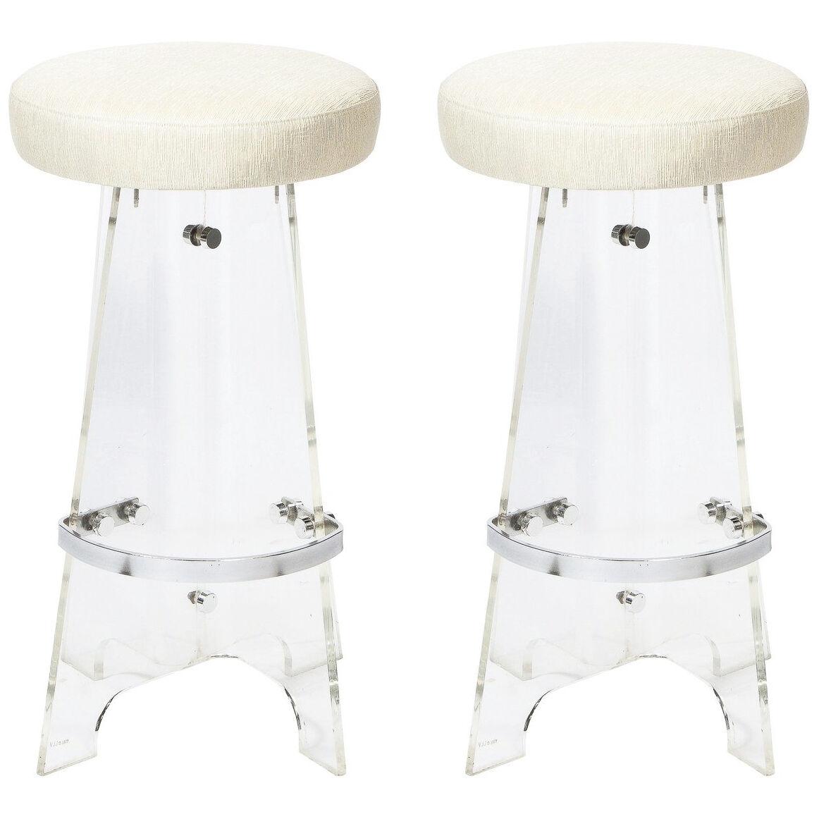 Pair of Mid Century Modern Lucite, Chrome Bar Stools in Holly Hunt Upholstery
