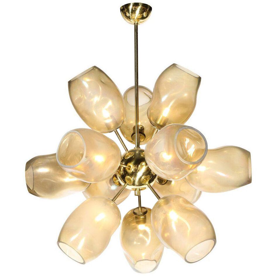 Modernist "Helios" Chandelier in Brass with Murano Smoked Glass Shades