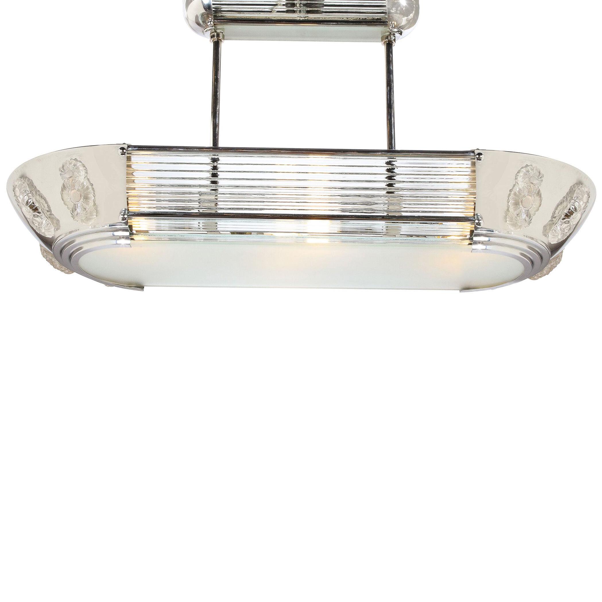 Art Deco Machine Age Chrome Glass Rod & Frosted Glass Chandelier by Petitot