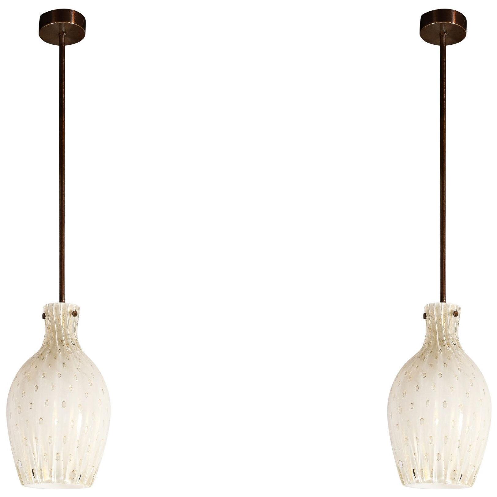 Pair of Fluted Urn-Form Murano White Glass Pendants with Antiqued Brass Fittings