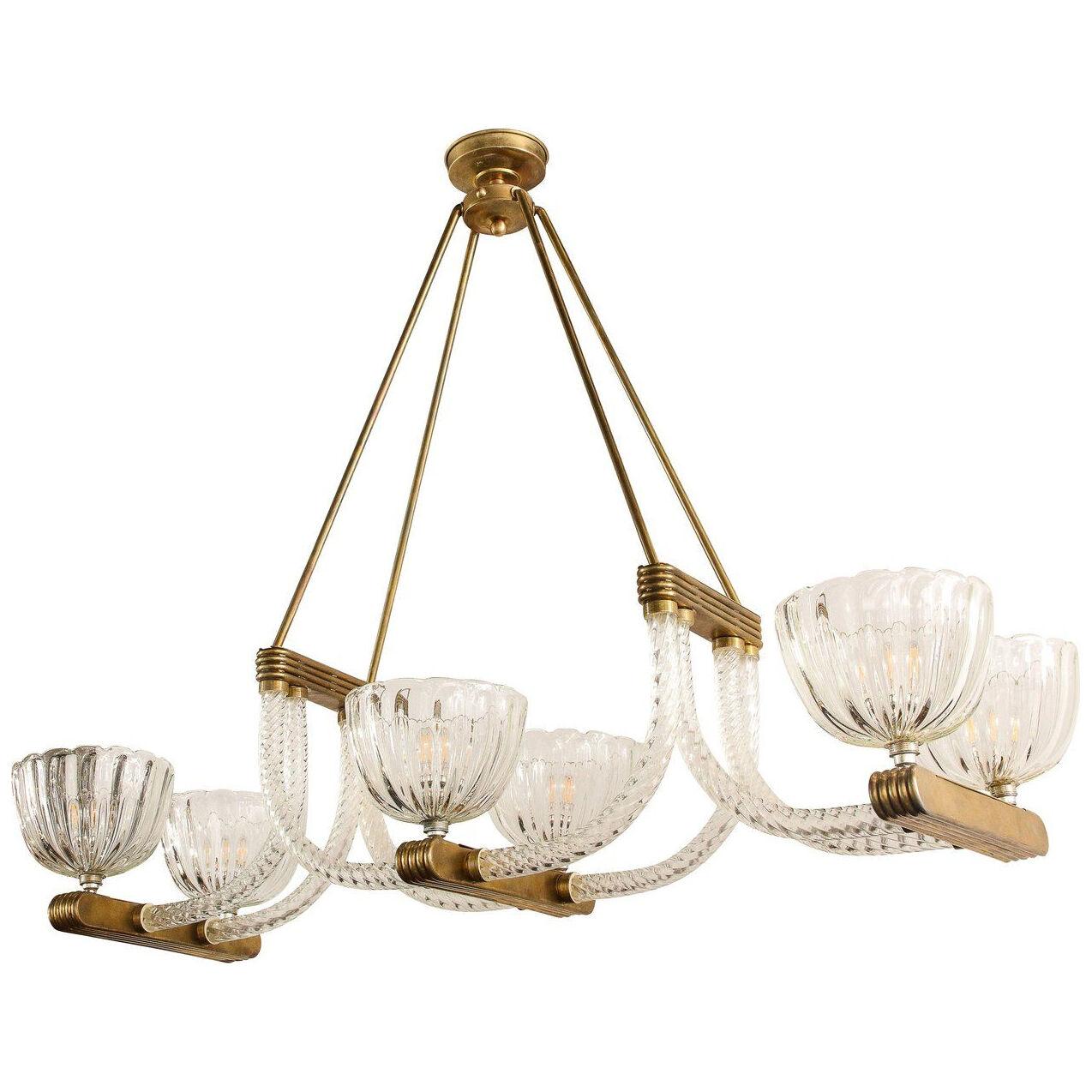 Elegant French Art Deco Chandelier in Brass and Braided Glass by Ercole Barovier