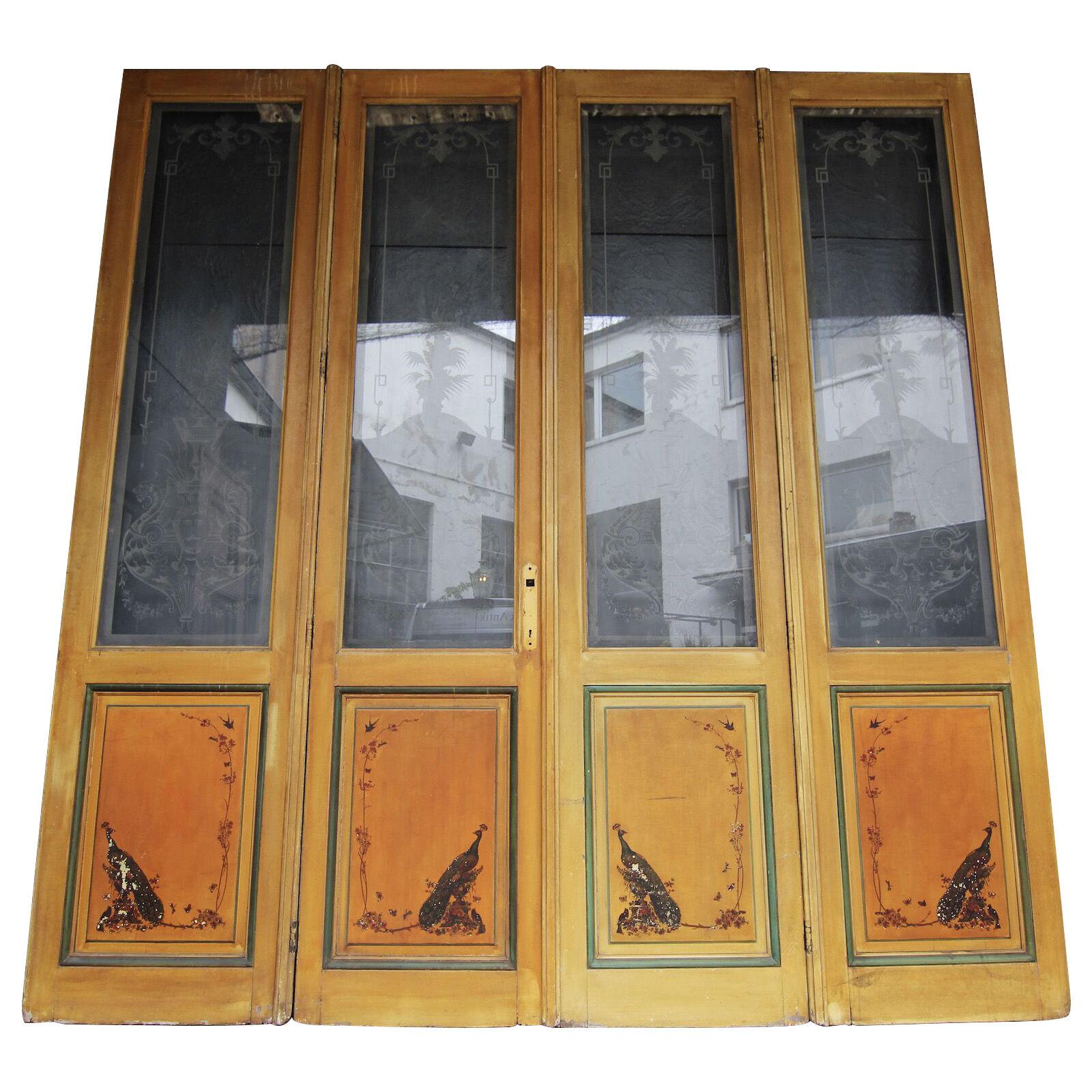 Art Nouveau Double Door with Etched Glass and Chinoiserie Painting
