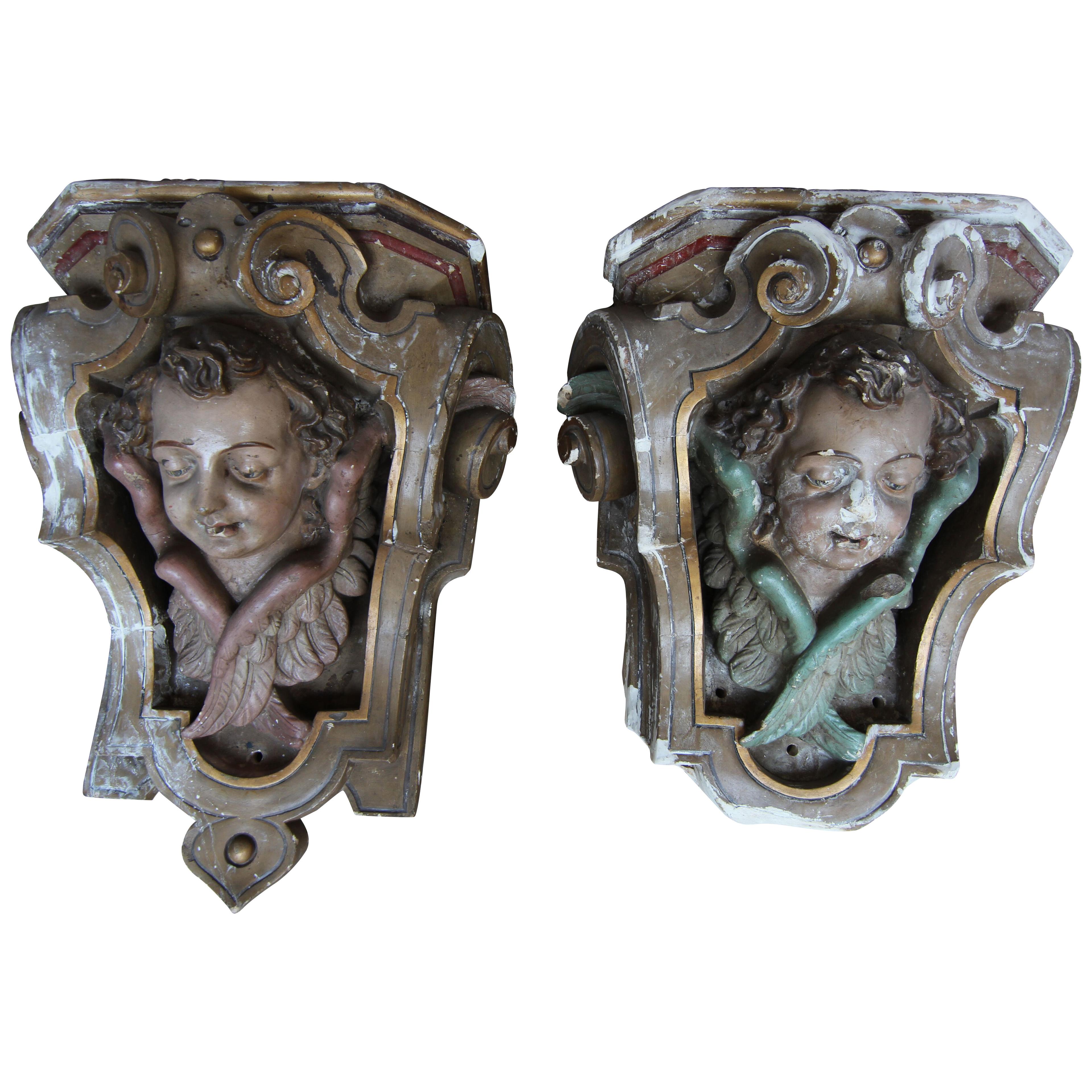 Large 19th Century Rococo Revival Putti Wall Brackets made of Plaster, Set of 2