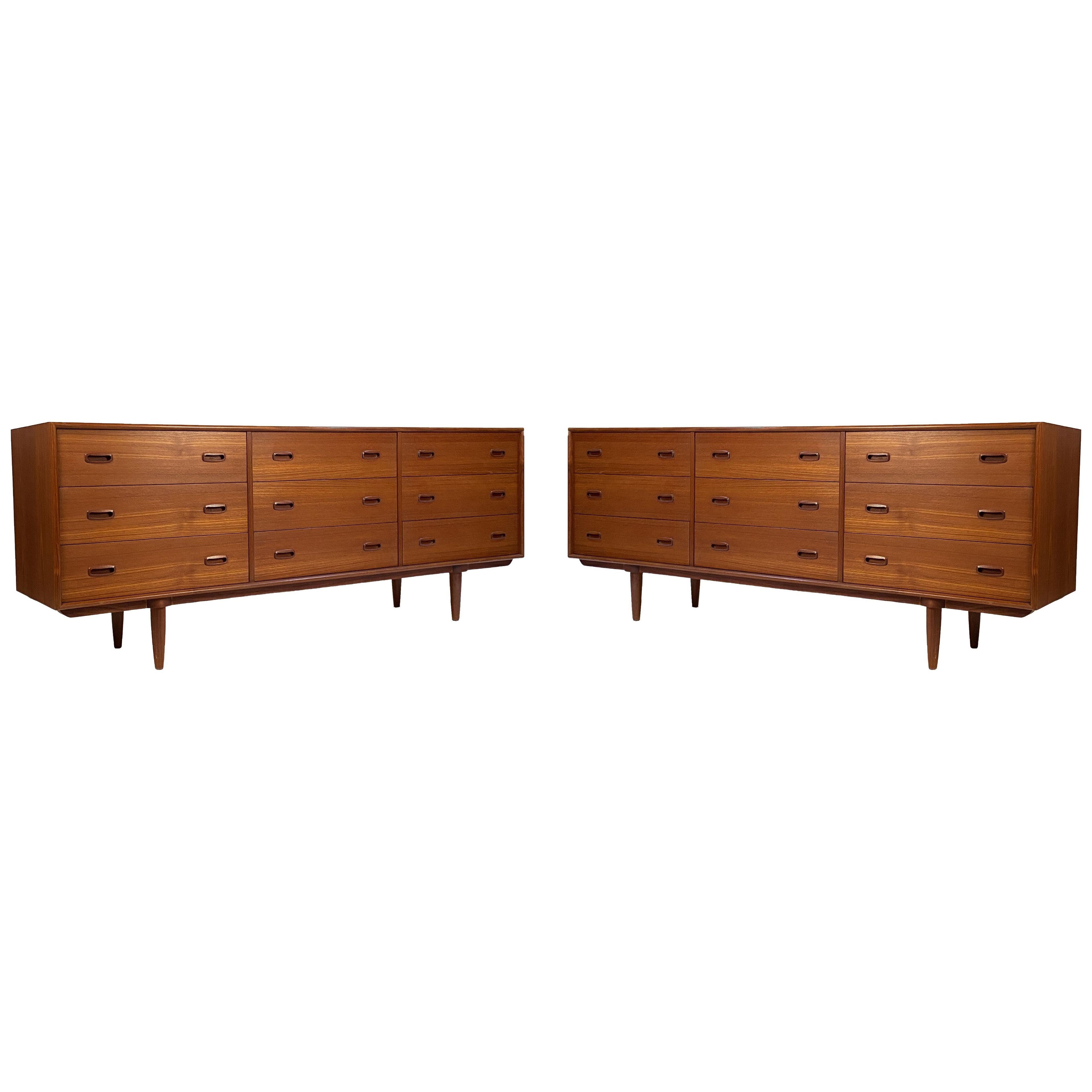 Danish Modern 9 Drawer Dressers in Teak with Oak Interiors 1960s - Pair