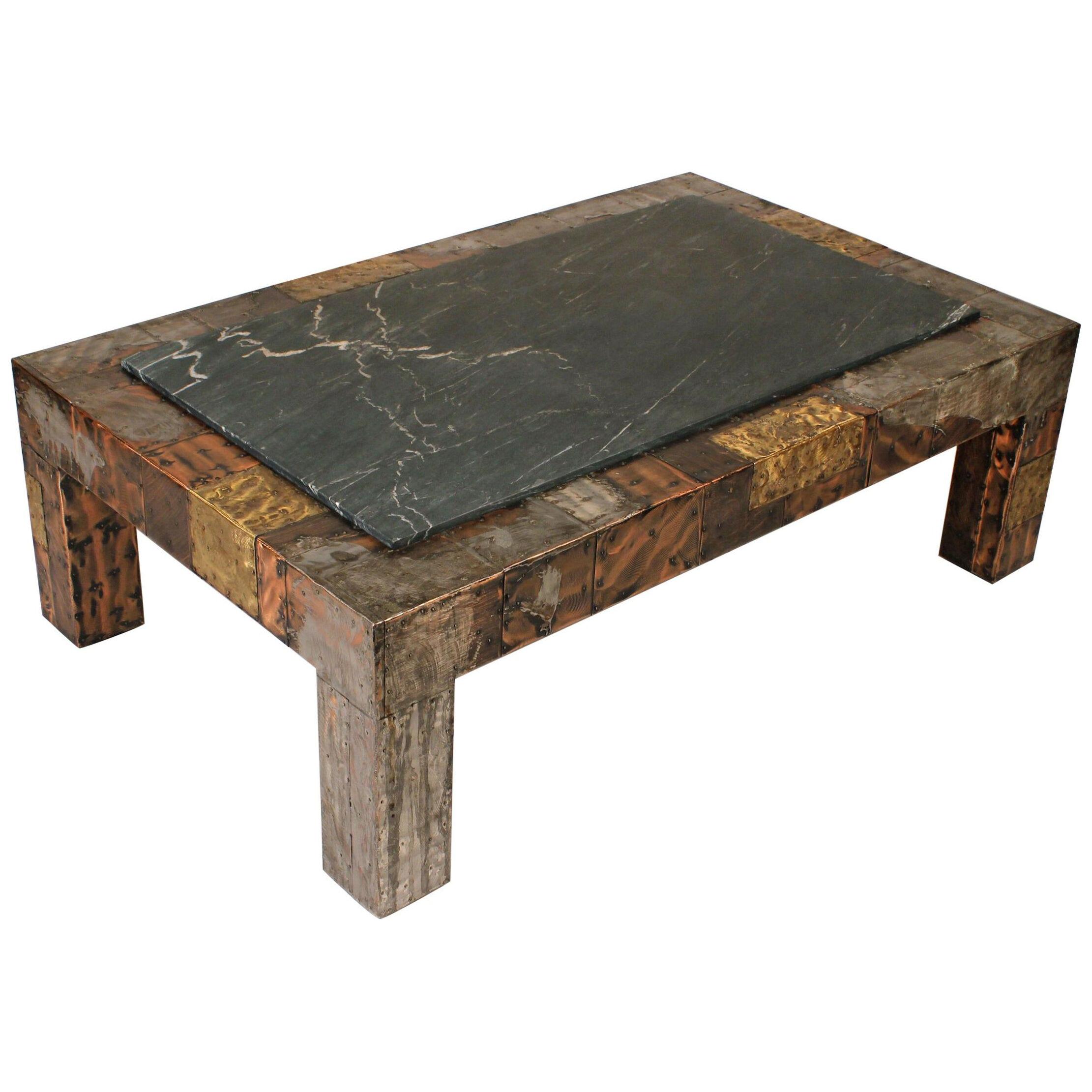 Paul Evans Brutalist Mixed Metals Patchwork Coffee Table with Exotic Slate Top