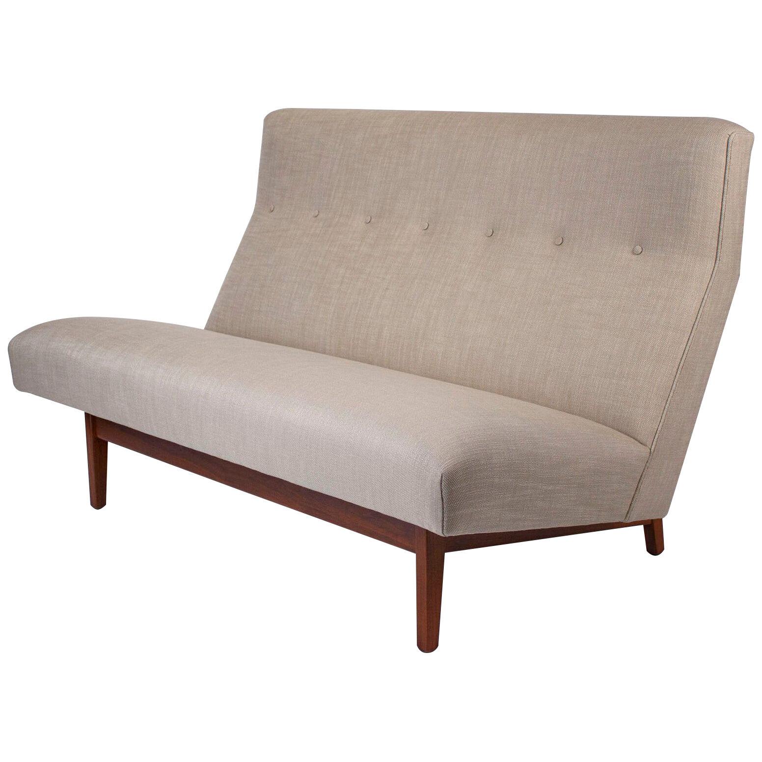 Jens Risom Armless Settee in Walnut Cradle Frames with Linen Upholstery