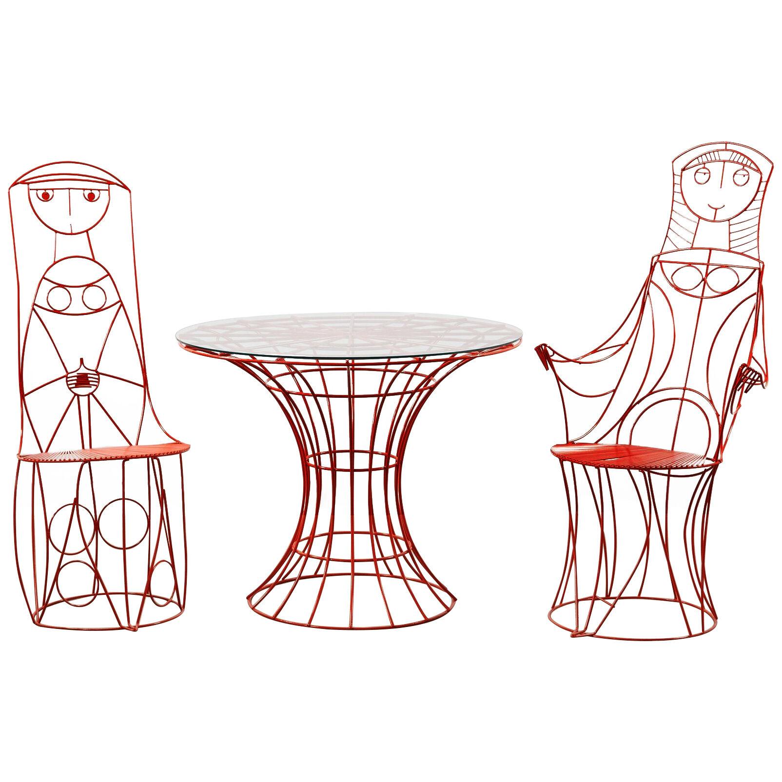 John Risley Sculptural Patio Set with Two Lady Chairs and Wire Tulip Table 1960s