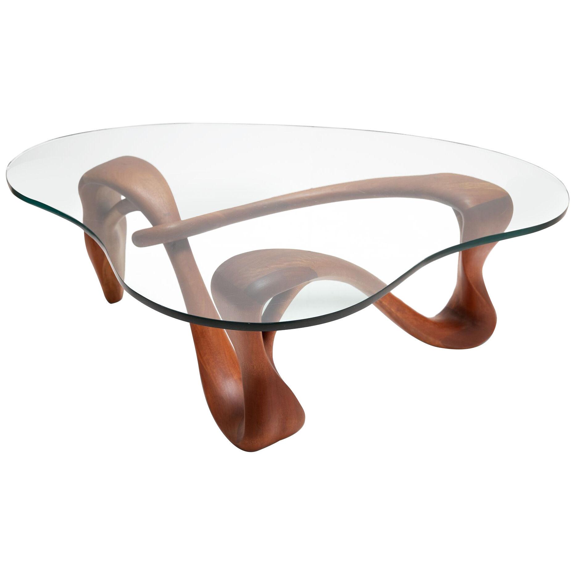 Sinuous Studio Craft Cocktail Table in Solid Mahogany w Biomorphic Glass 1960s