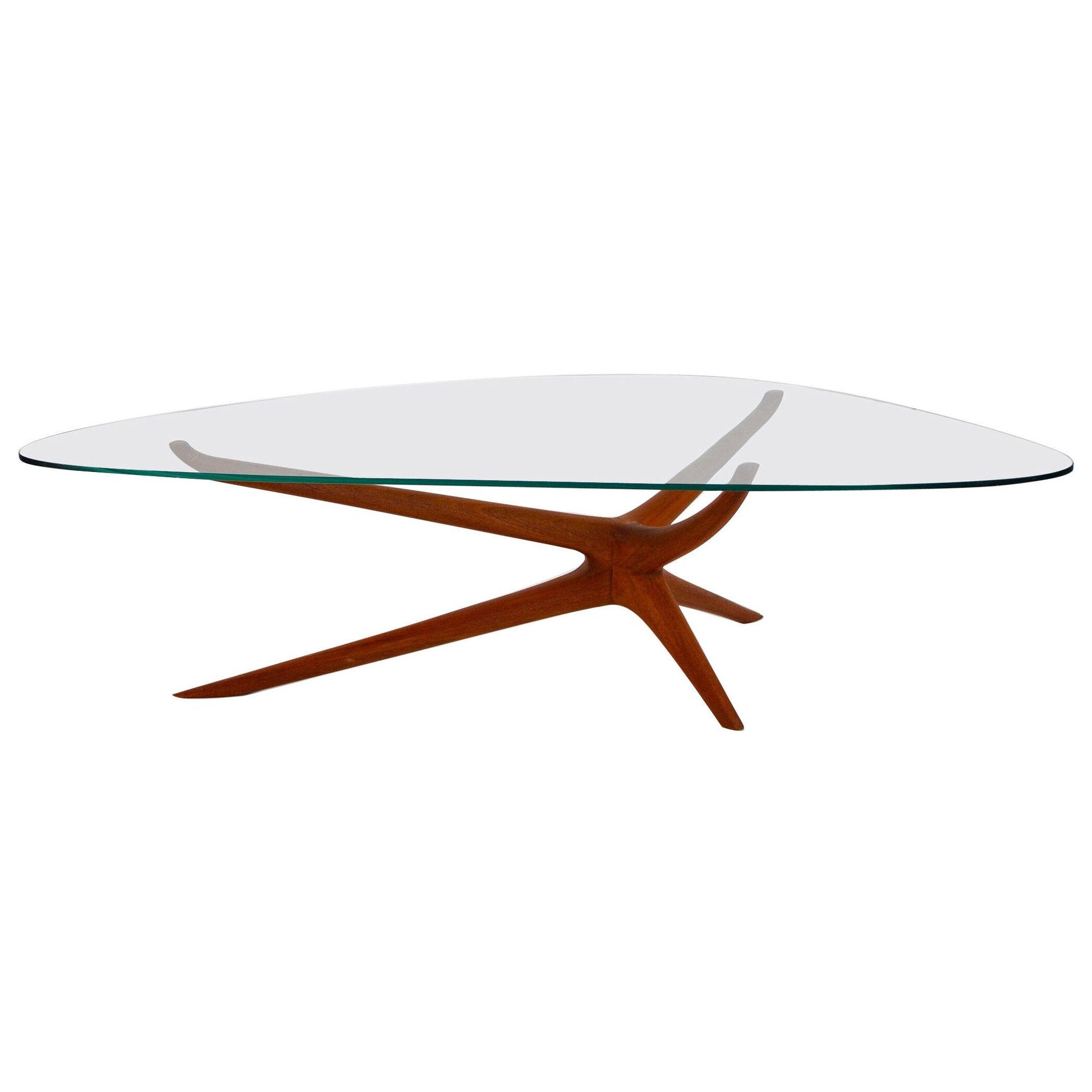 Mid-Century Modern Tri-Symmetric Organic Coffee Table in Mahogany with Glass Top