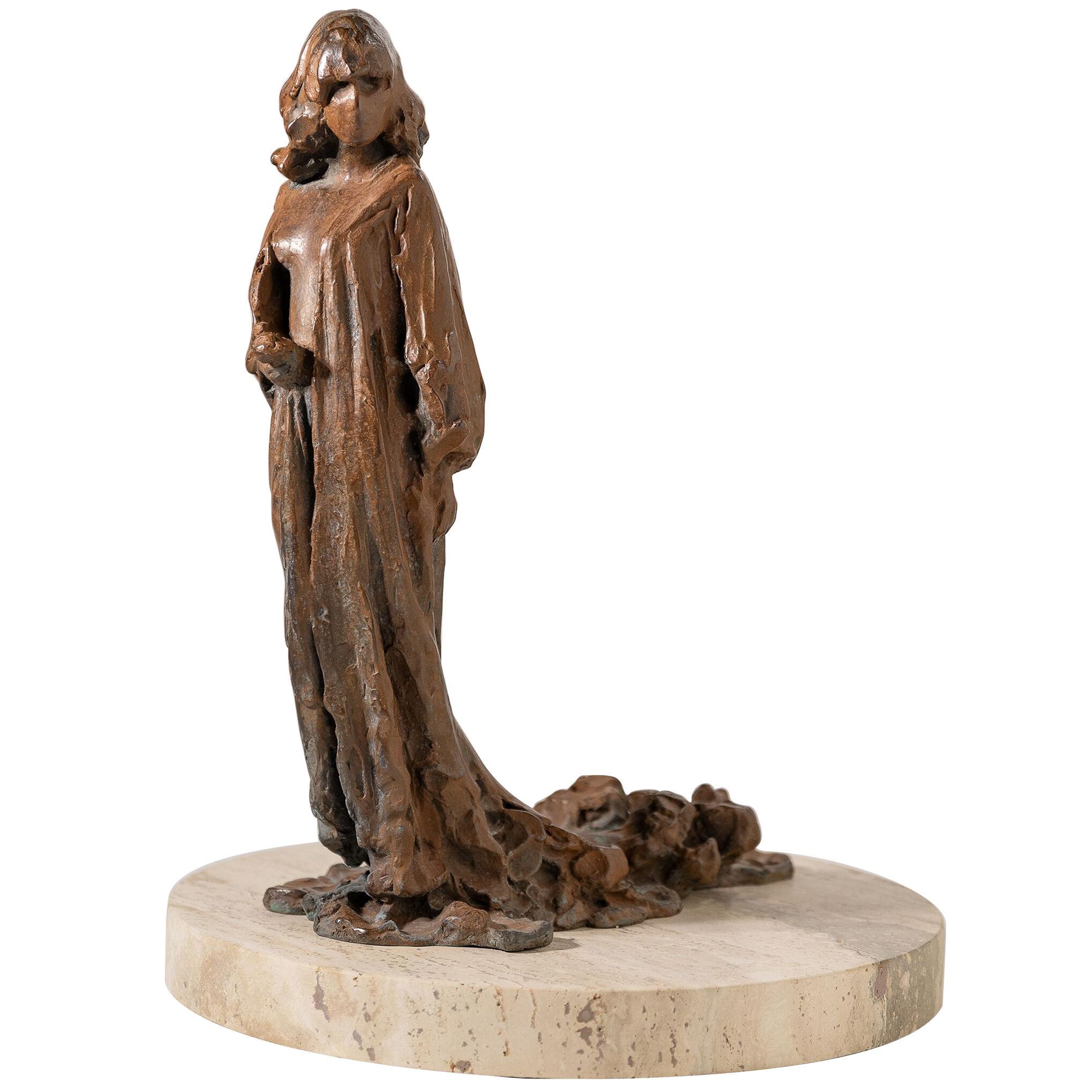 Paul Suttman Modernist Bronze Sculpture 'Woman in Flowing Gown' with Travertine
