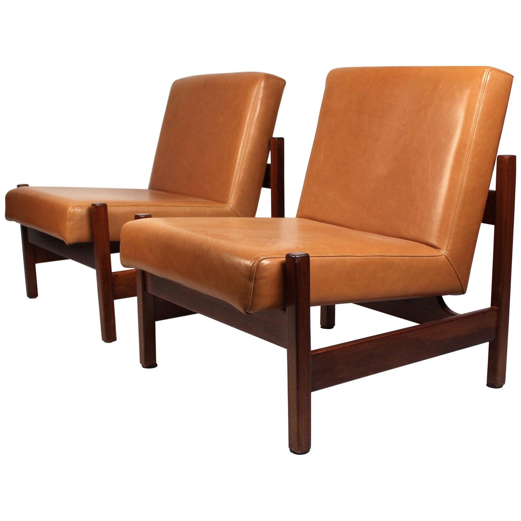 Joaquim Tenreiro Style Peroba Lounge Chairs in leather for Knoll & Forma Brazil