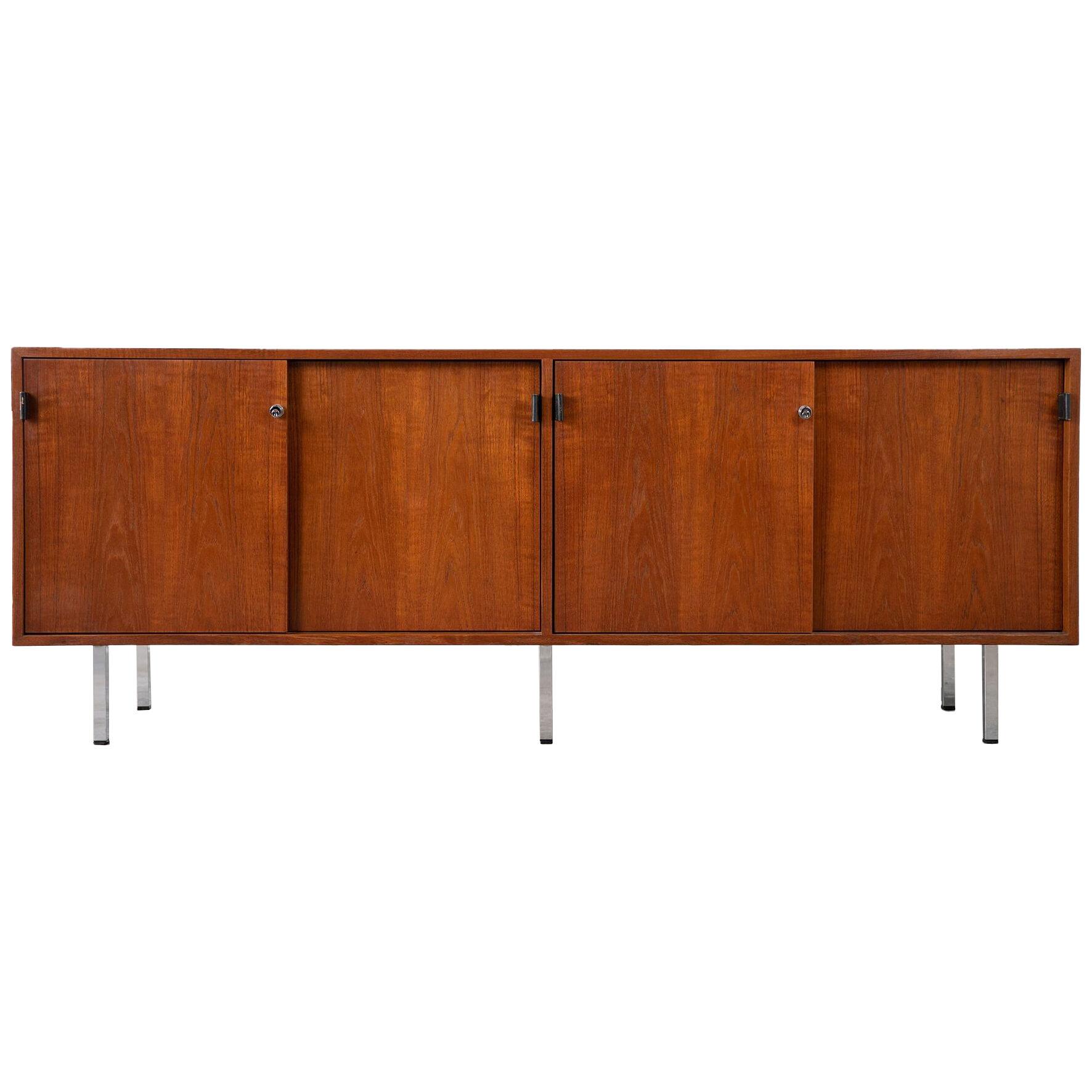 Florence Knoll Credenza in Teak and Oak with Chrome Legs and Leather Pulls