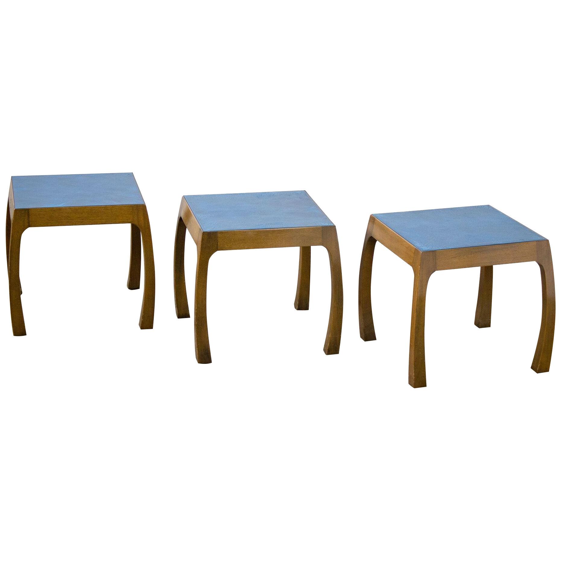 Harvey Probber Side Tables in Blue Enameled Copper and Mahogany 1960s