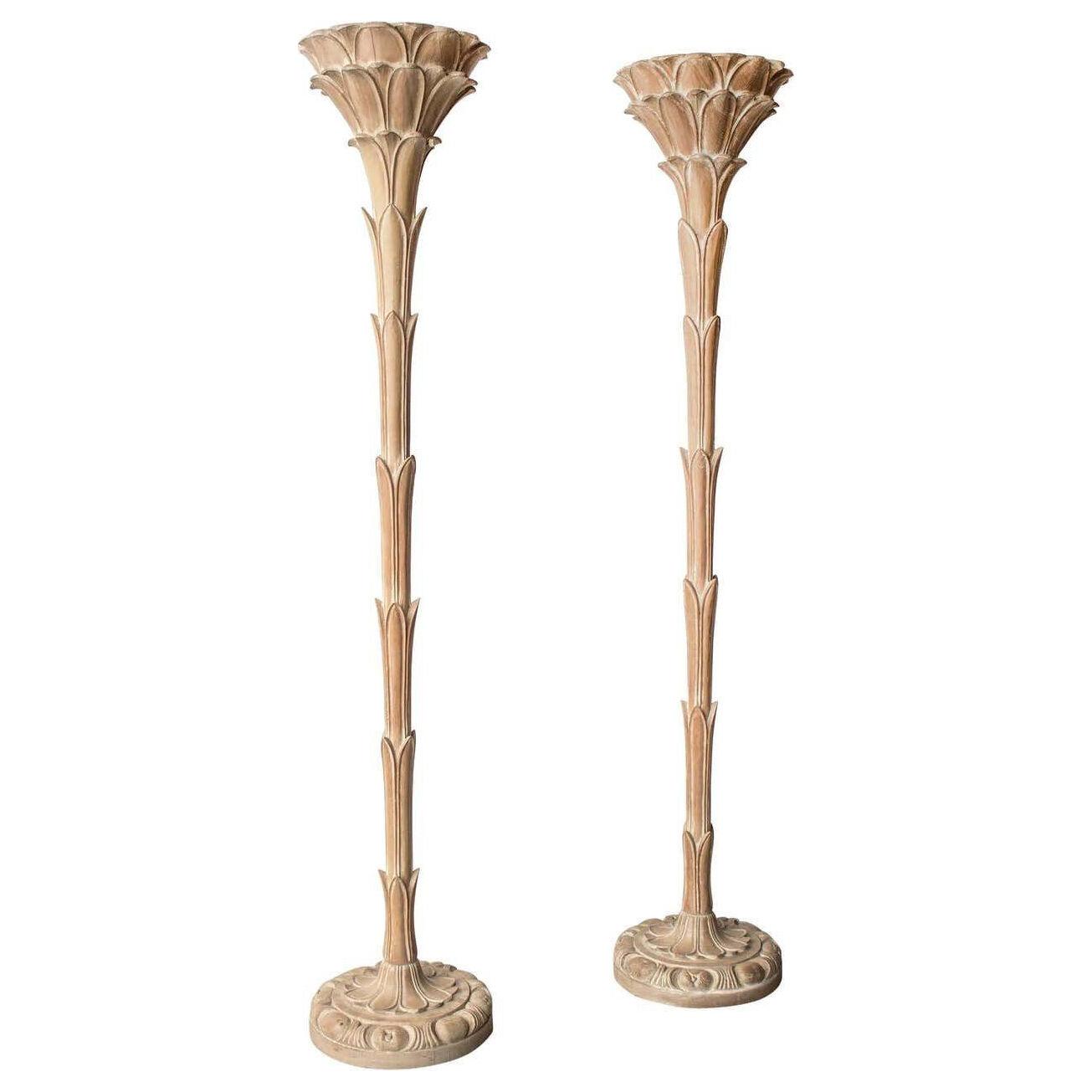 Torchiere Floor Lamps after Serge Roche Hand Carved Limed Oak Palm Trees, 1940s
