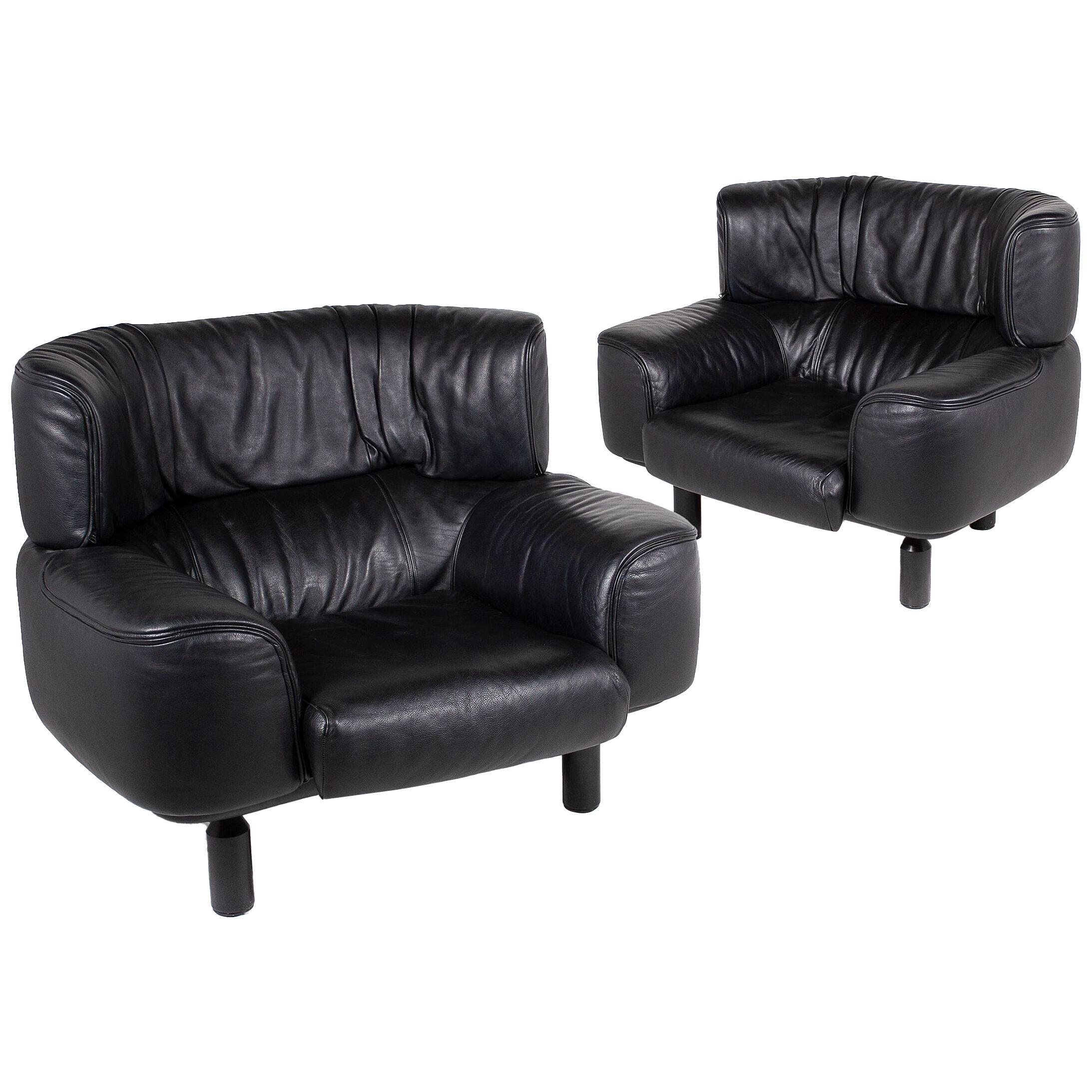 Angelo Mangiarotti Jumbo Lounge Chairs for Cassina in Black Leather