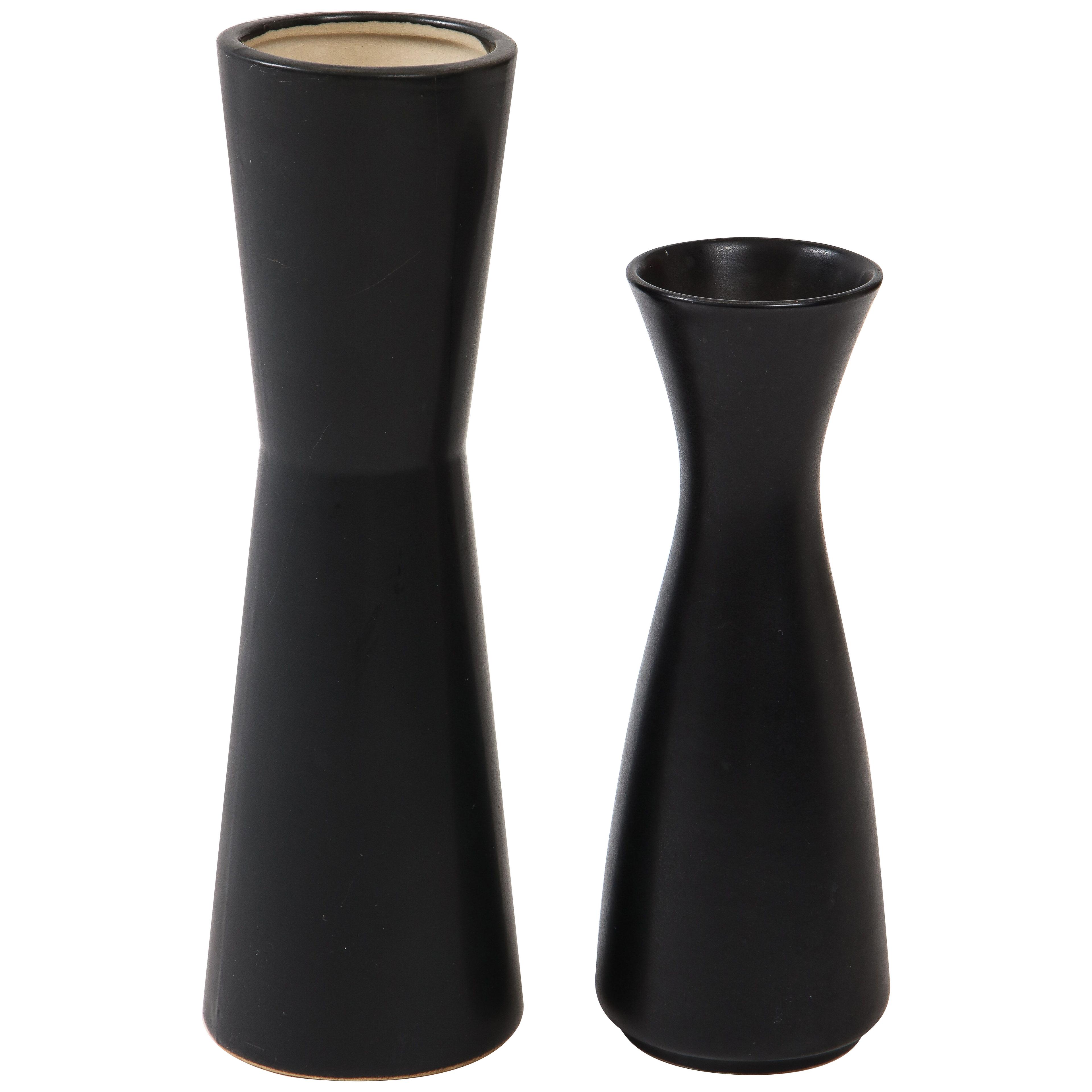 Pair of Modernist Ceramic Matte Black & White Vases, France, 1950's
