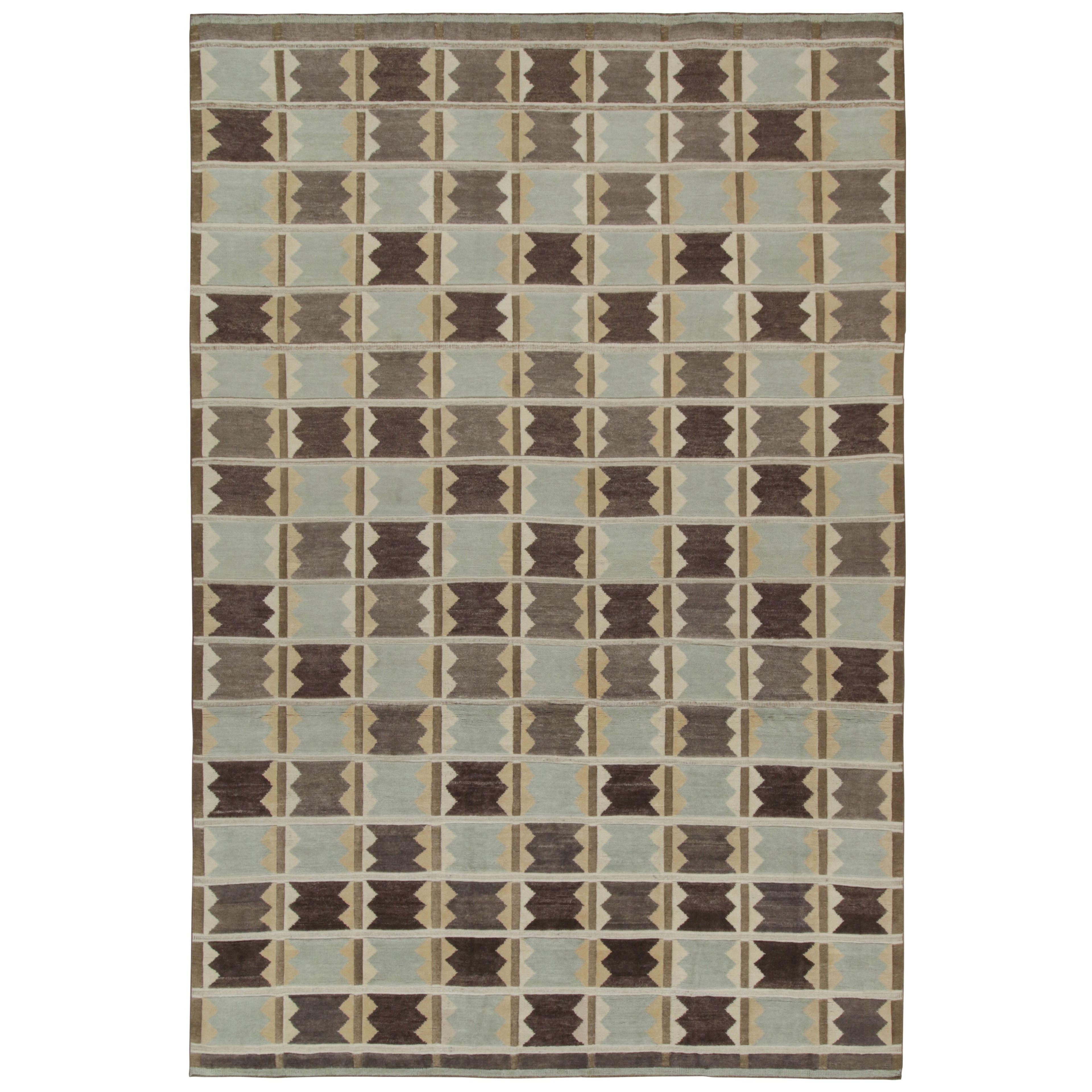 Rug & Kilim’s Scandinavian Style Rug In Taupe And Blue Geometric Patterns