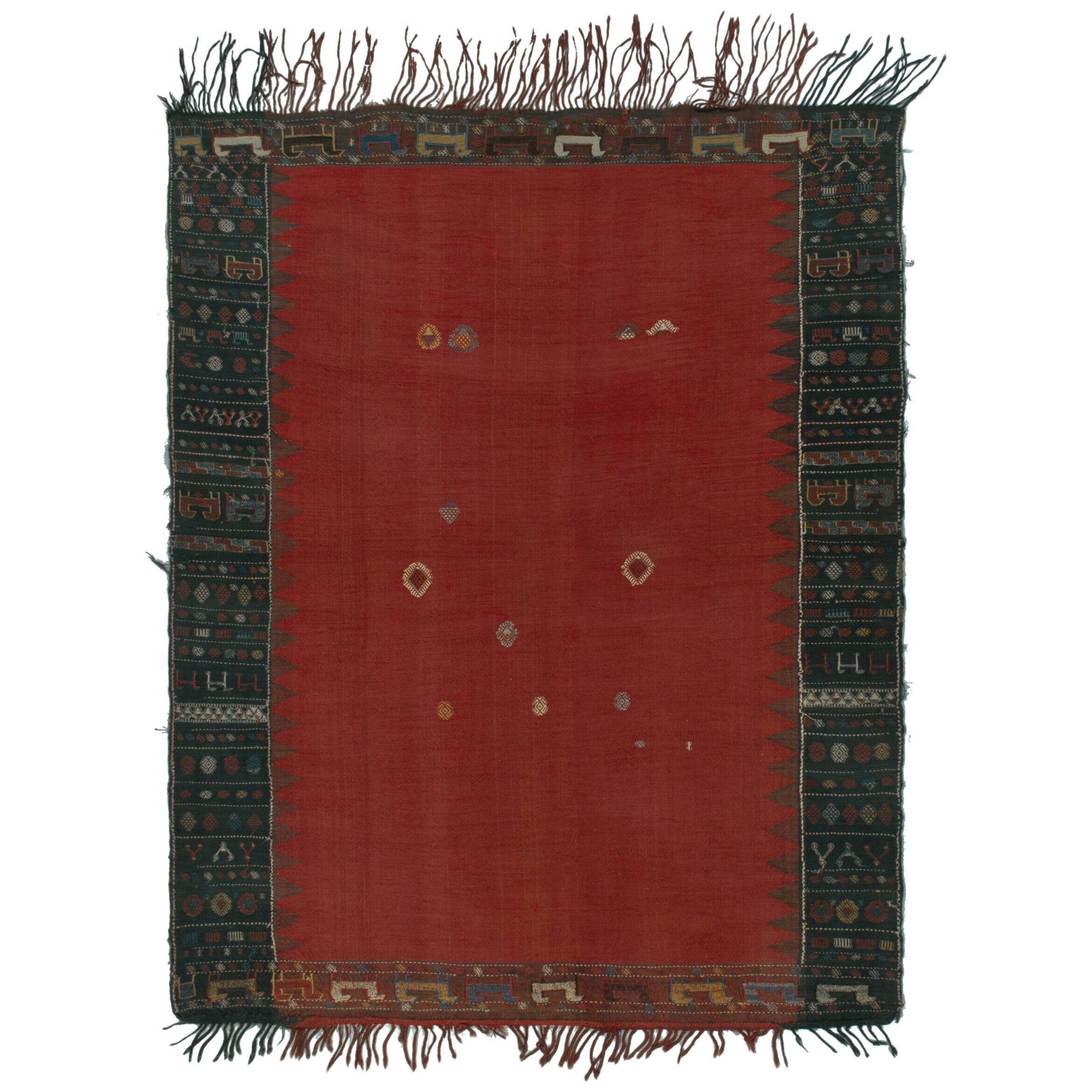 Antique Soumak Kilim Rug in Red, Black Border With Tribal Pattern Motifs