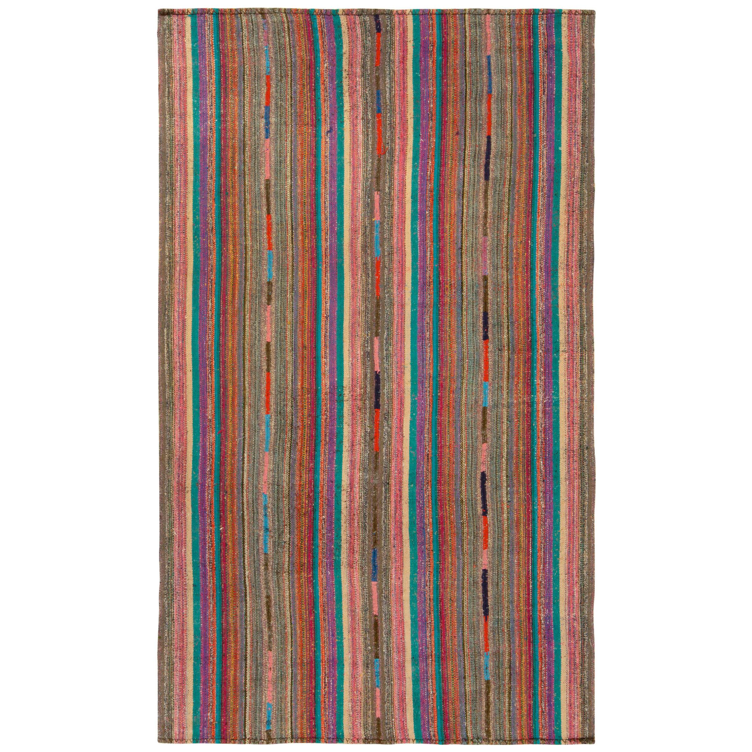 1950S Vintage Chaput Kilim Rug in Multicolor Striped Patterns, Polychromatic