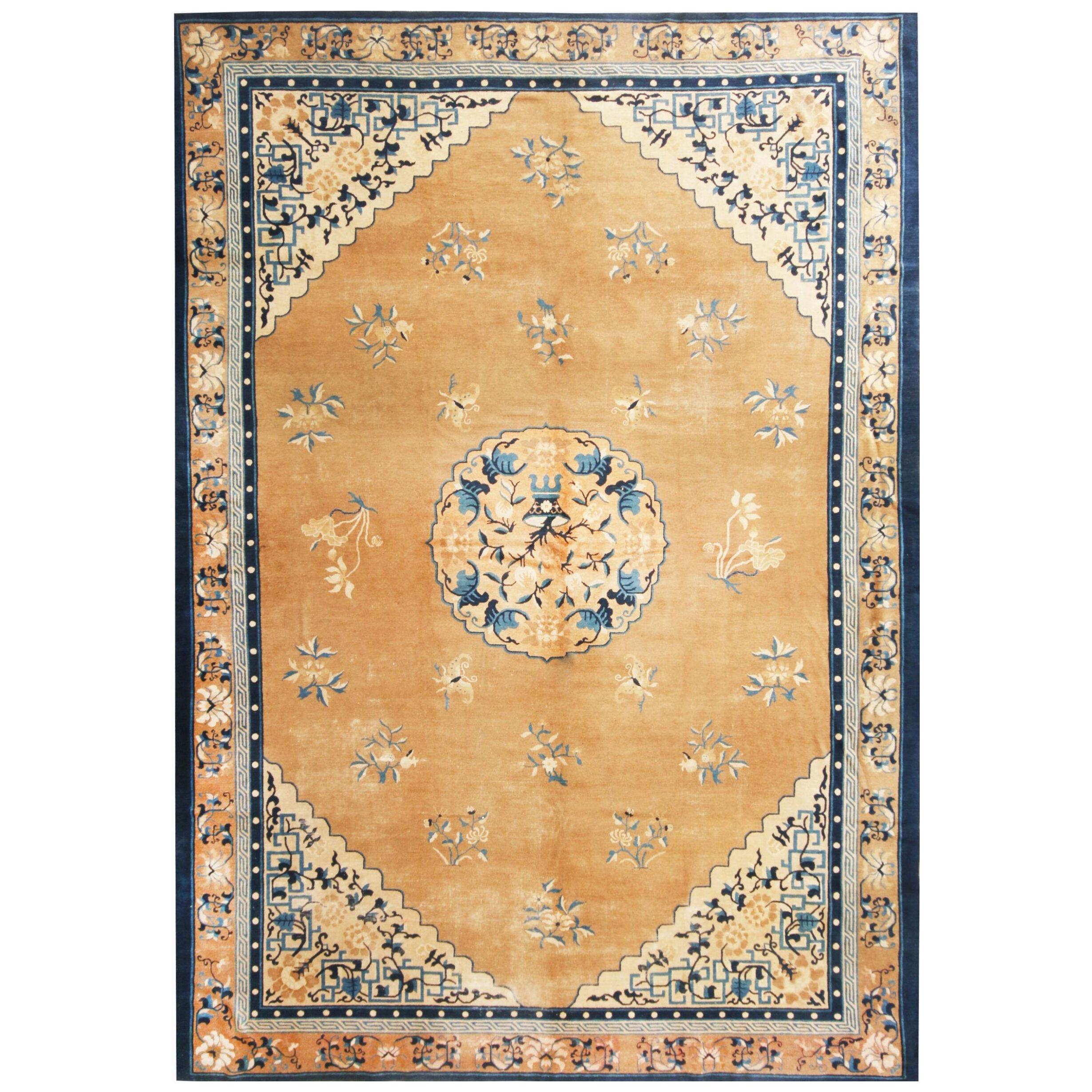 Antique Peking Traditional Gold and Blue Wool Rug