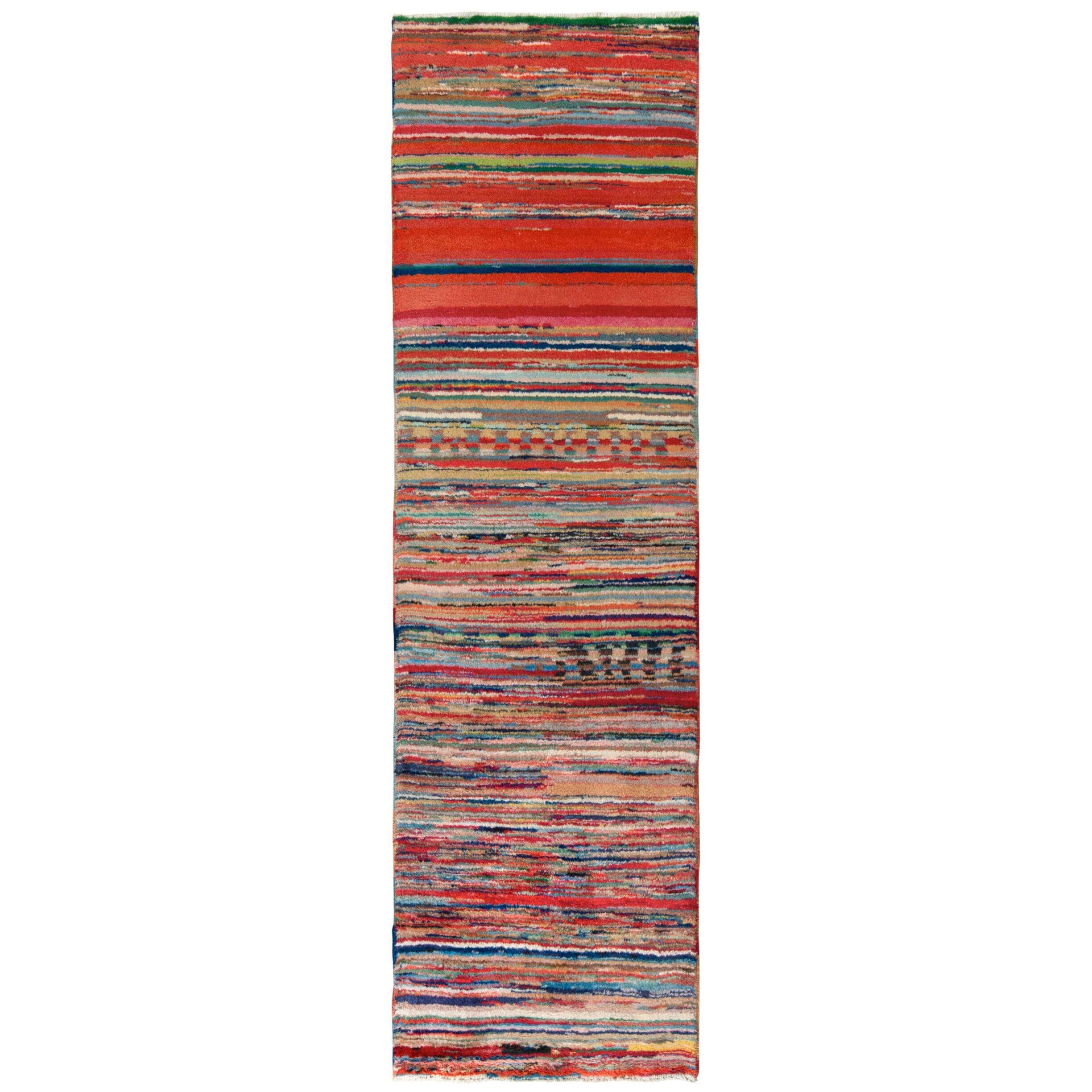 1960s Vintage Turkish Mid-Century Runner in Red, Multicolor Striped Pattern