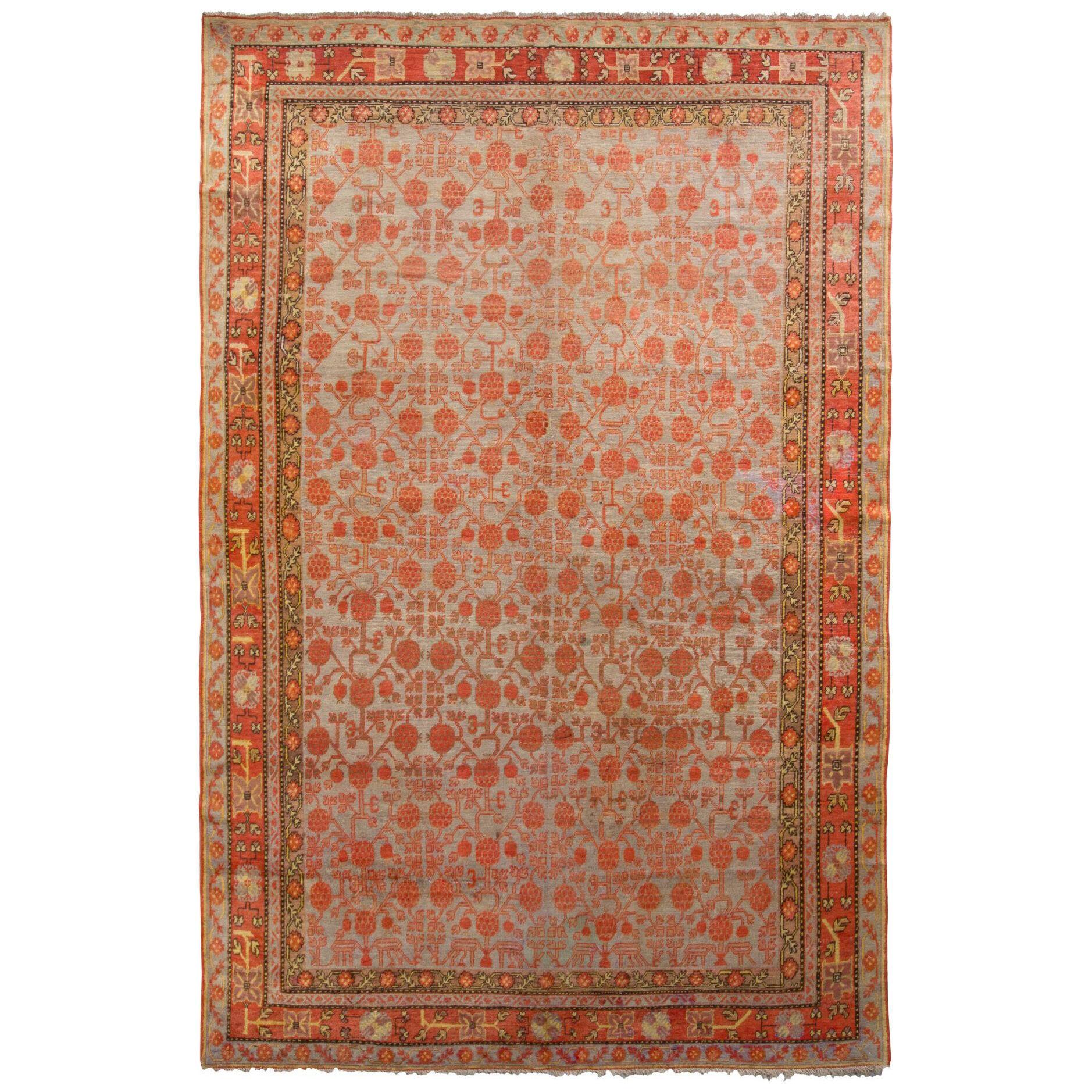 Hand-Knotted Antique Khotan Rug In Green And Orange Floral Pattern