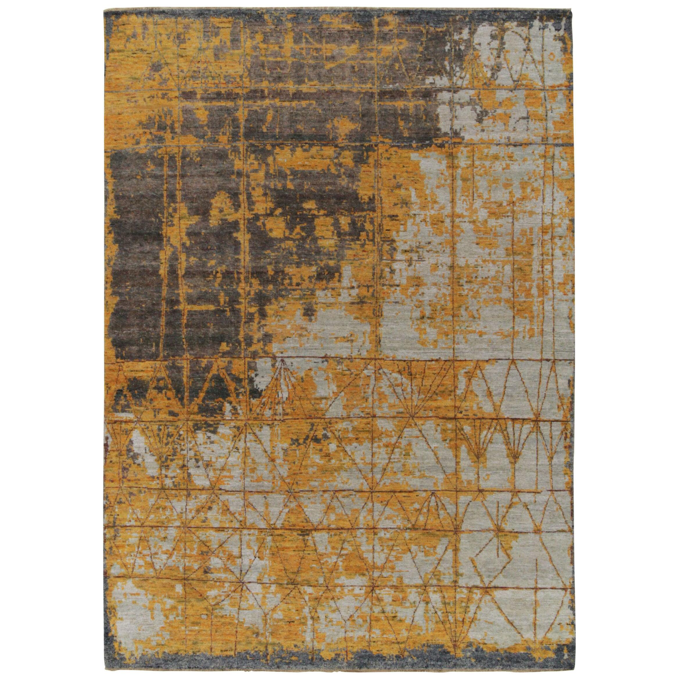 Rug & Kilim’s Abstract Rug in Gold, Gray and Blue Layered Patterns
