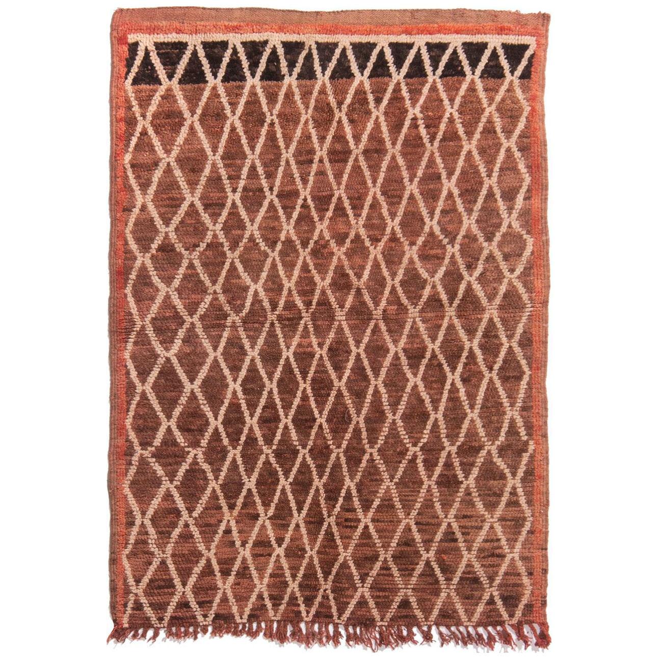 Vintage Mid-Century Moroccan Geometric Beige Brown Wool Kilim Rug