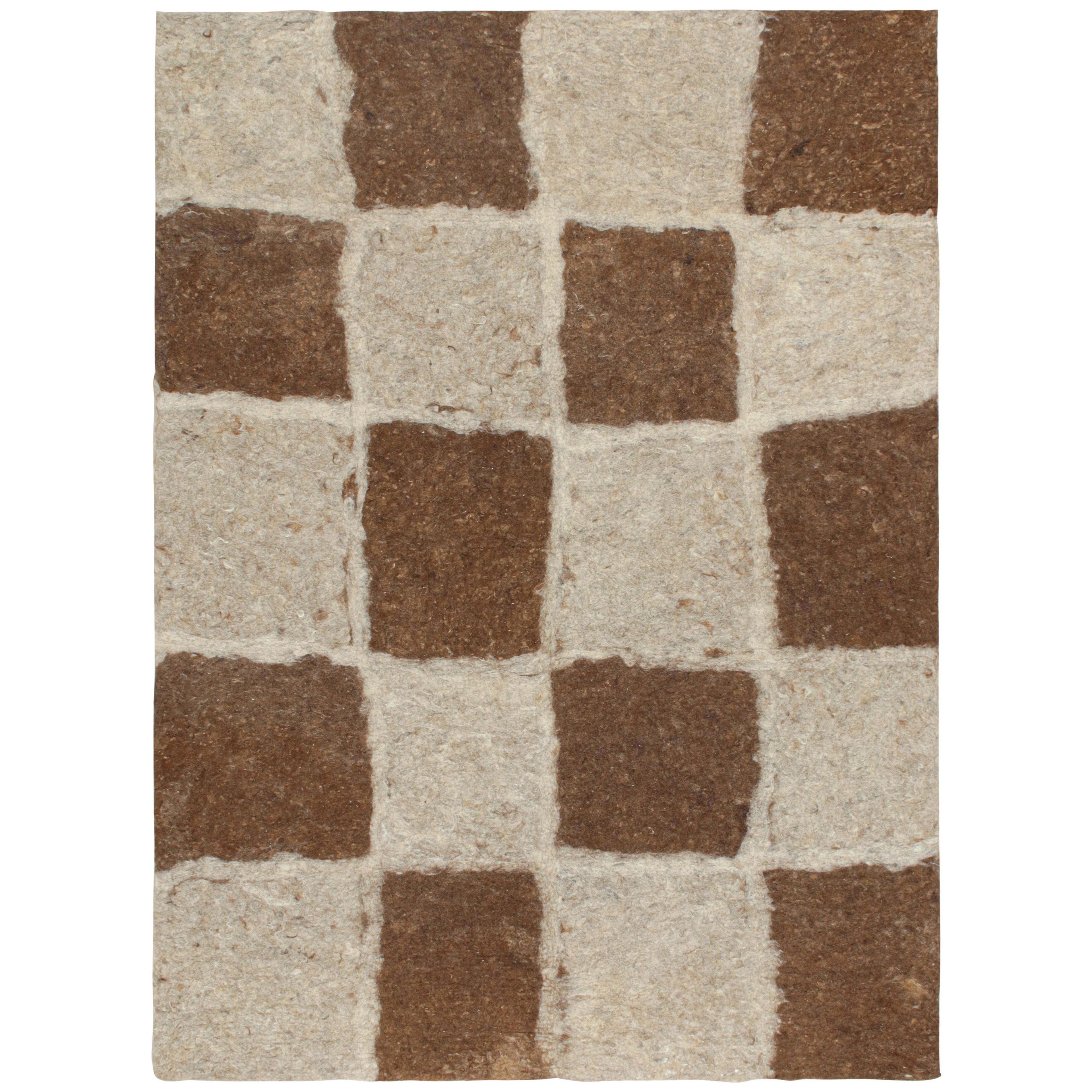 Rug & Kilim’s Contemporary Felted Persian Rug in Beige-Brown Geometric Pattern 