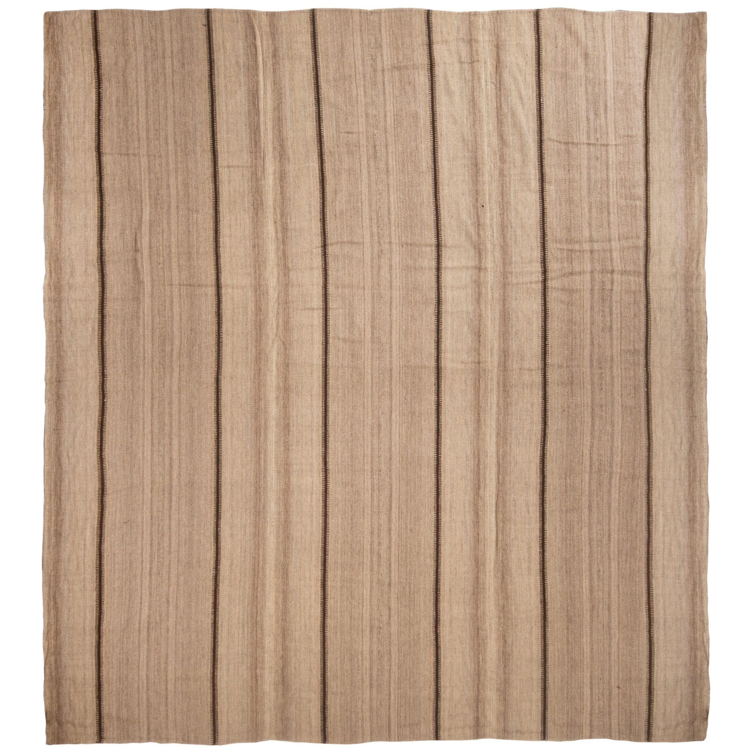 Vintage Paneled Turkish Beige Brown Wool Kilim Rug – 10’7 X 11’8″ –