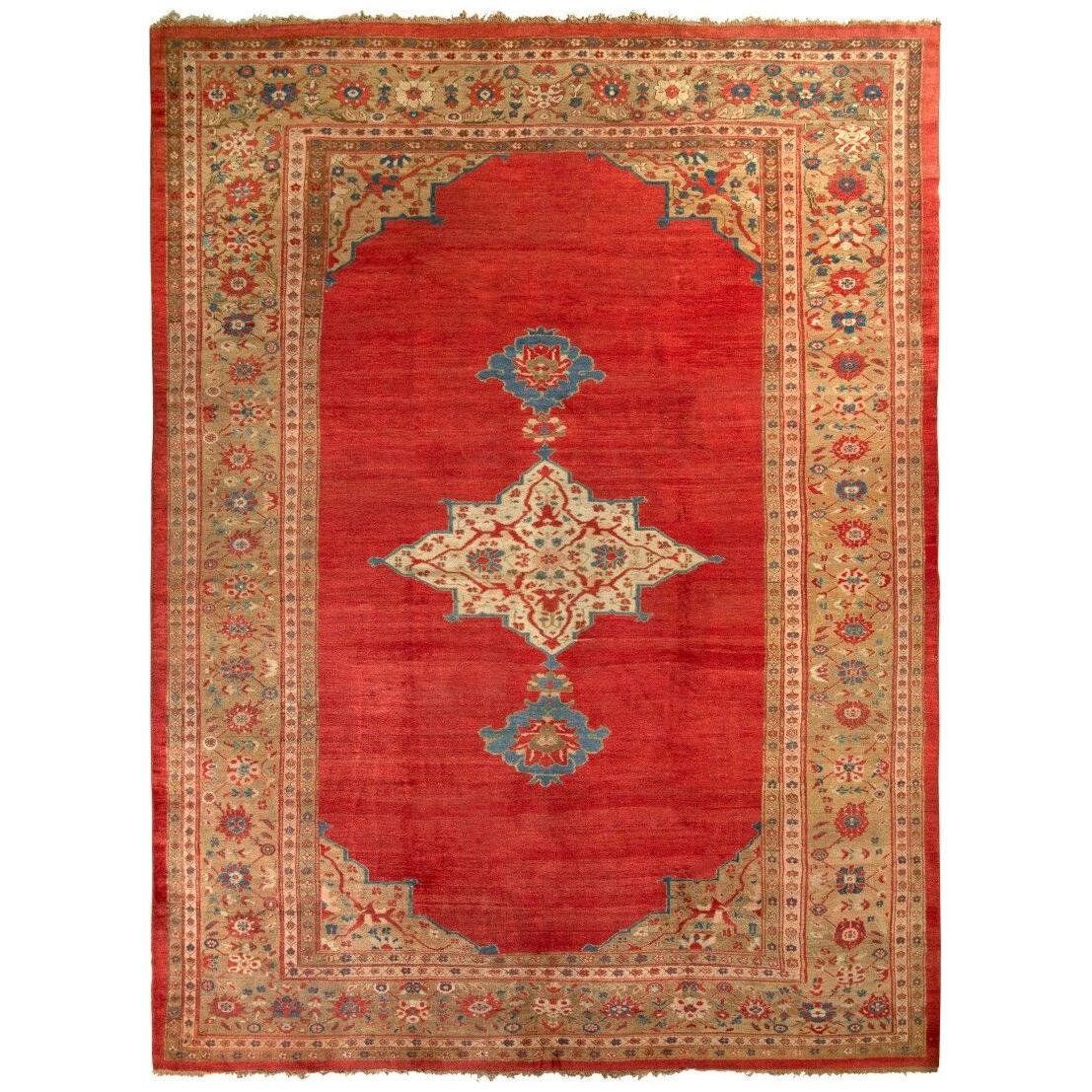 Antique Sultanabad Persian Rug in Red and Beige Brown Medallion Pattern