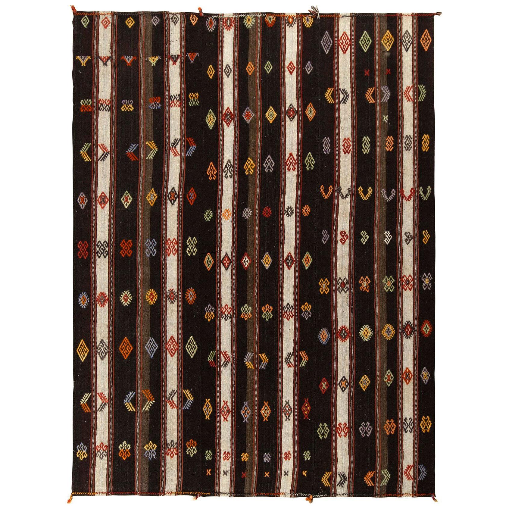 Handwoven Vintage Turkish Kilim Rug, Beige-Brown Stripes, Multicolor Embroidery