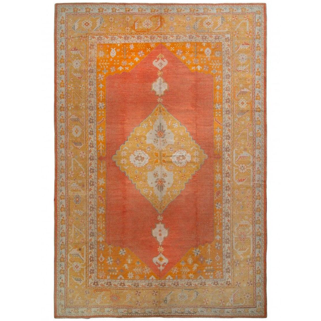 Hand-knotted Antique Oushak Rug in Red and Orange-gold Medallion Pattern