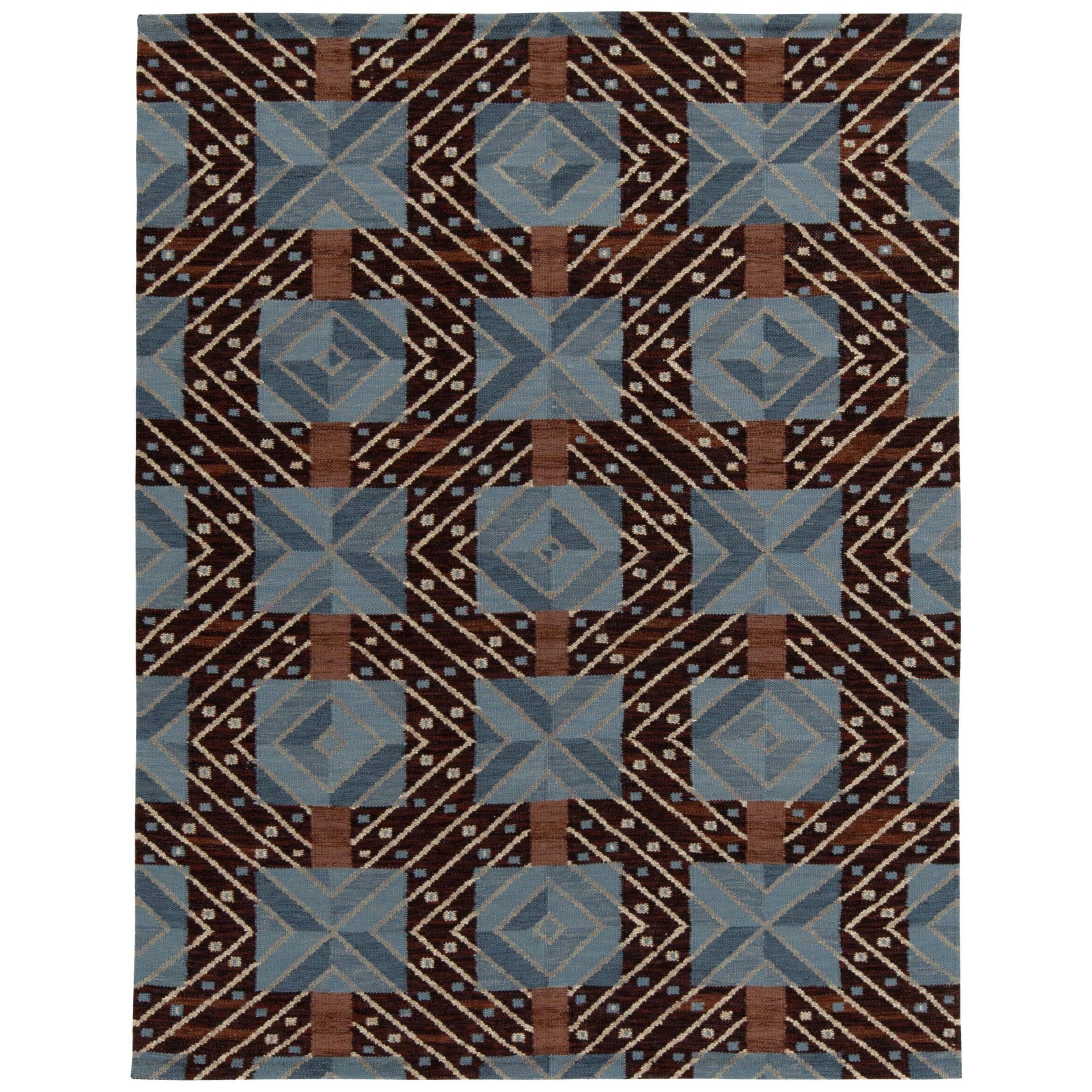 Rug & Kilim’s Scandinavian Style Kilim in Blue & Brown Geometric Pattern