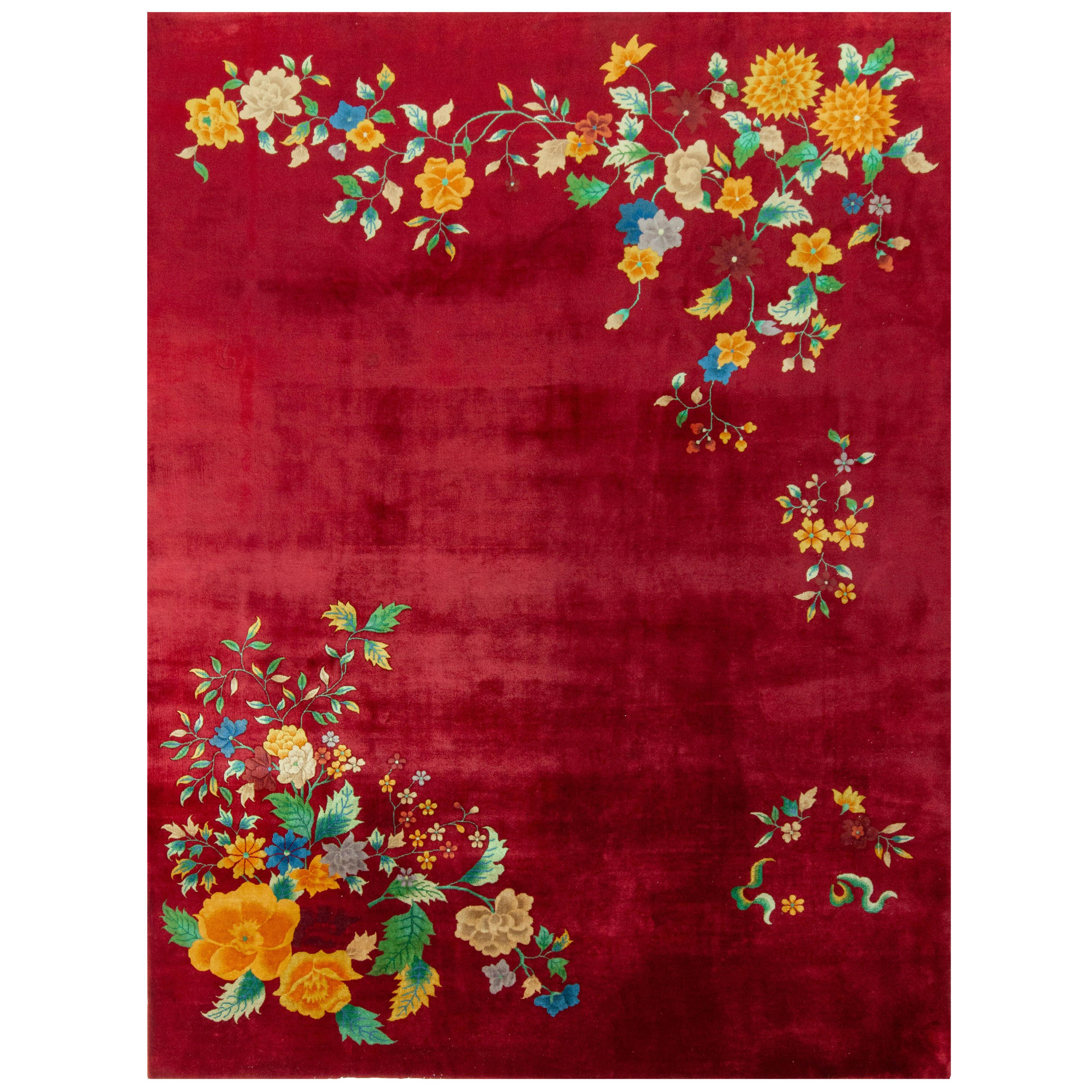 Hand-Knotted Vintage Chinese Art Deco Rug, Red and Gold Floral Patternc