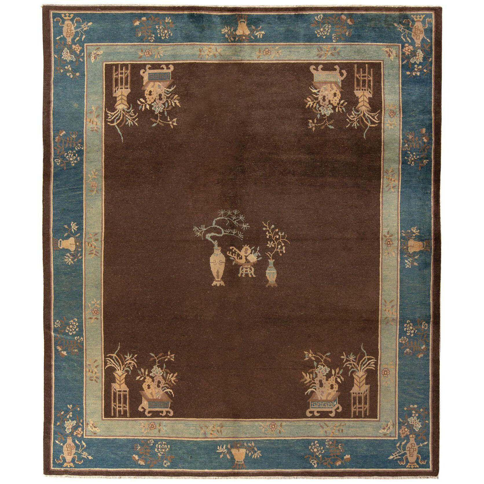 Hand-knotted Antique Peking Chinese Deco Rug in Blue, Brown Pictorial Pattern