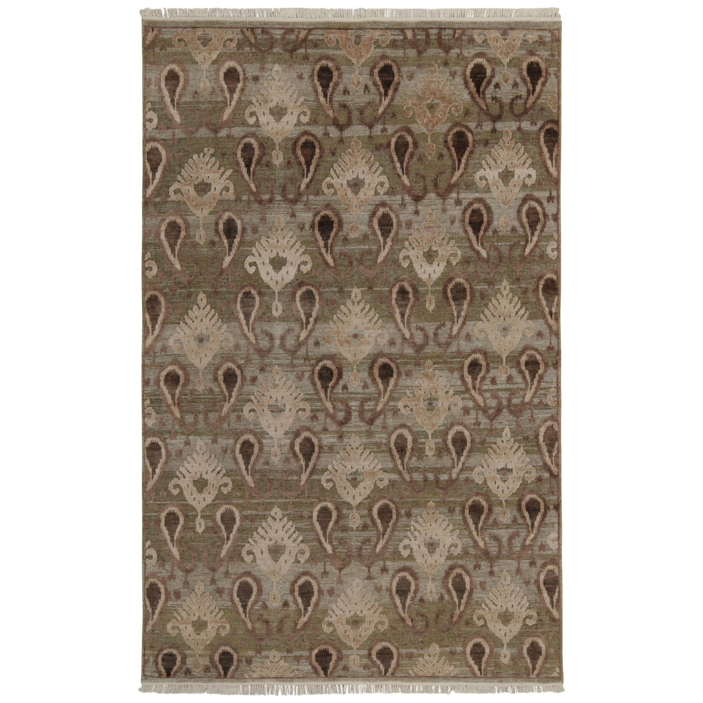 Rug & Kilim’s Ikats Style Rug in Green With Beige-Brown Paisley Floral Patterns