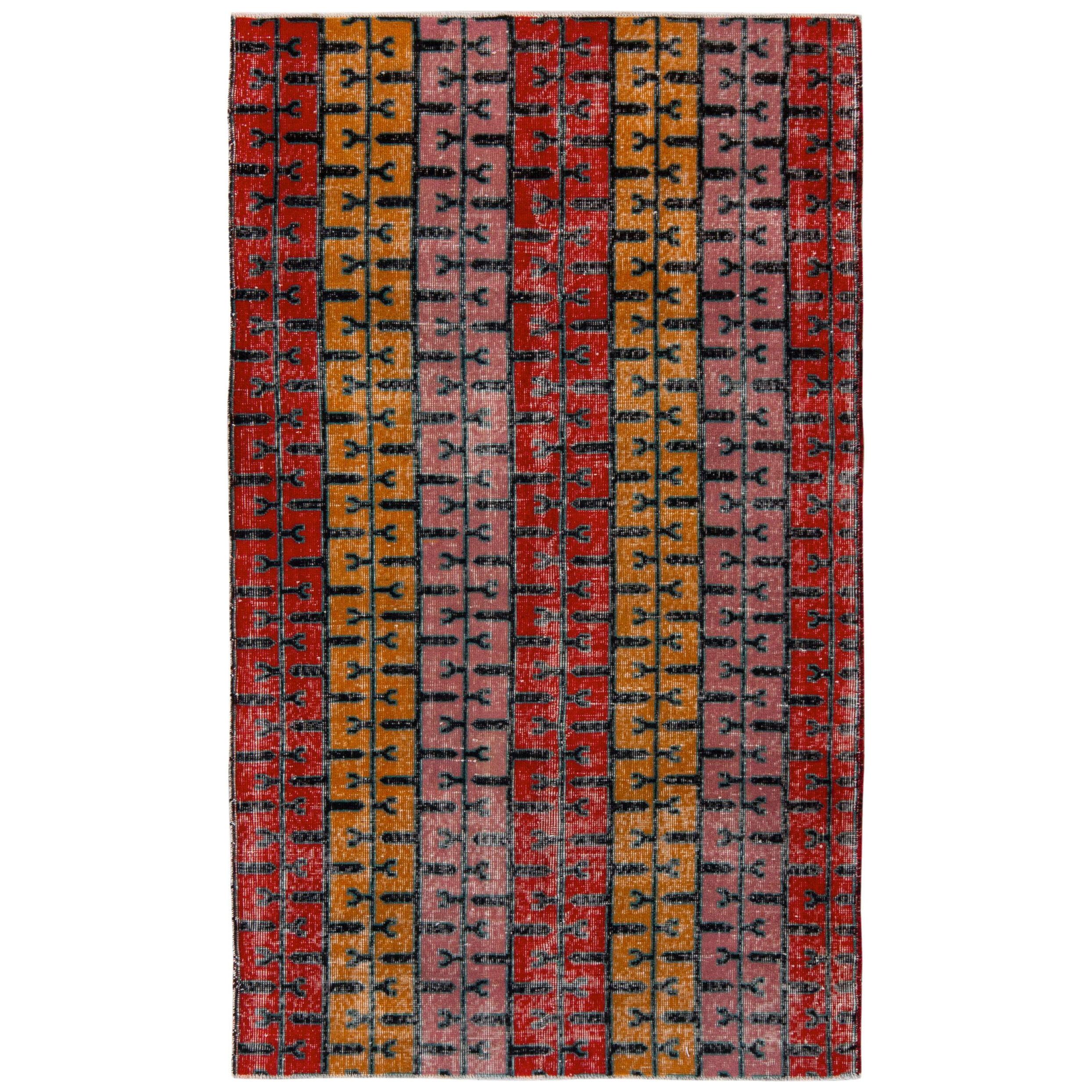 1960S Vintage Distressed Mid-Century Modern Rug, Pink, Red, Gold Deco Pattern