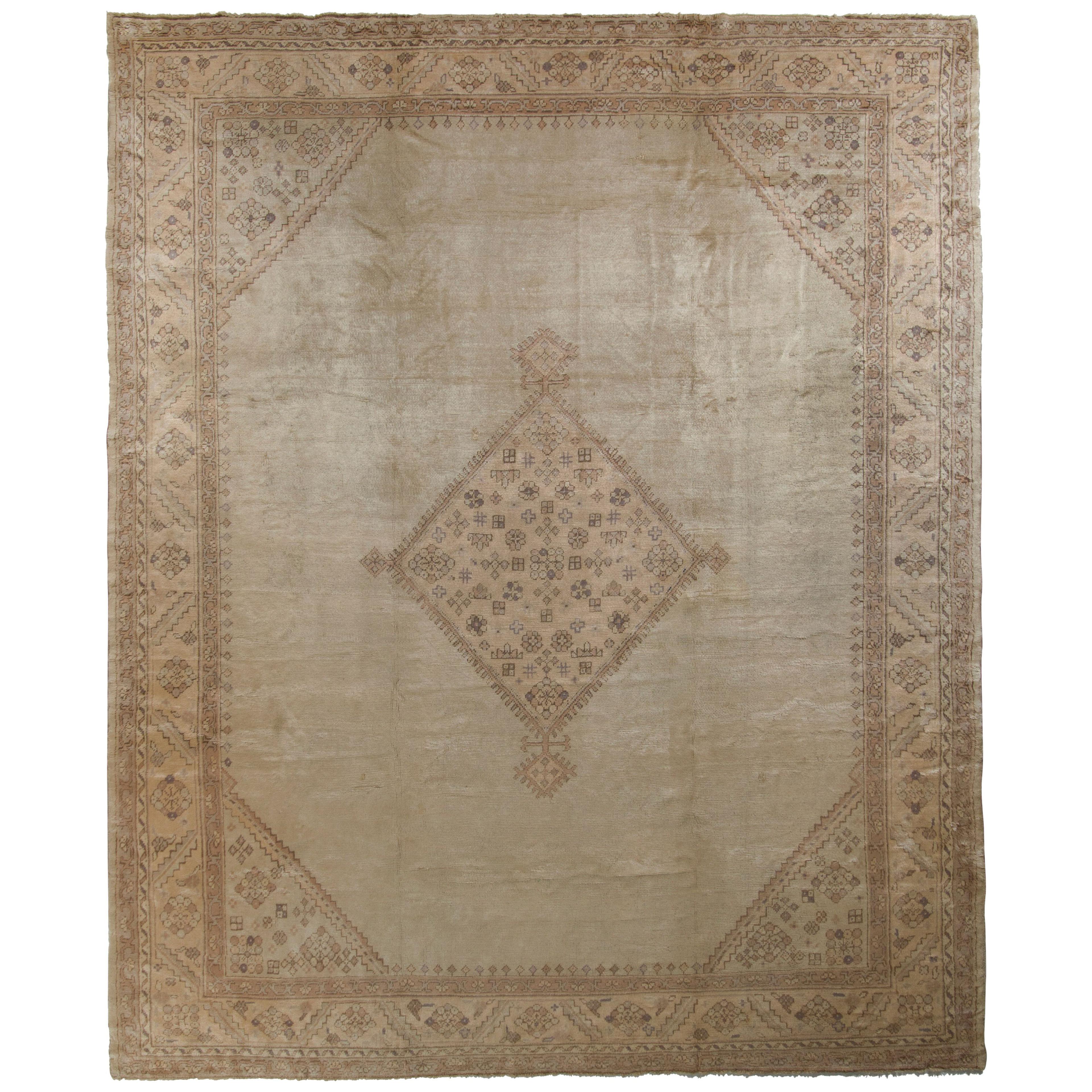 Hand-Knotted Antique Oushak Rug in Beige Medallion Pattern