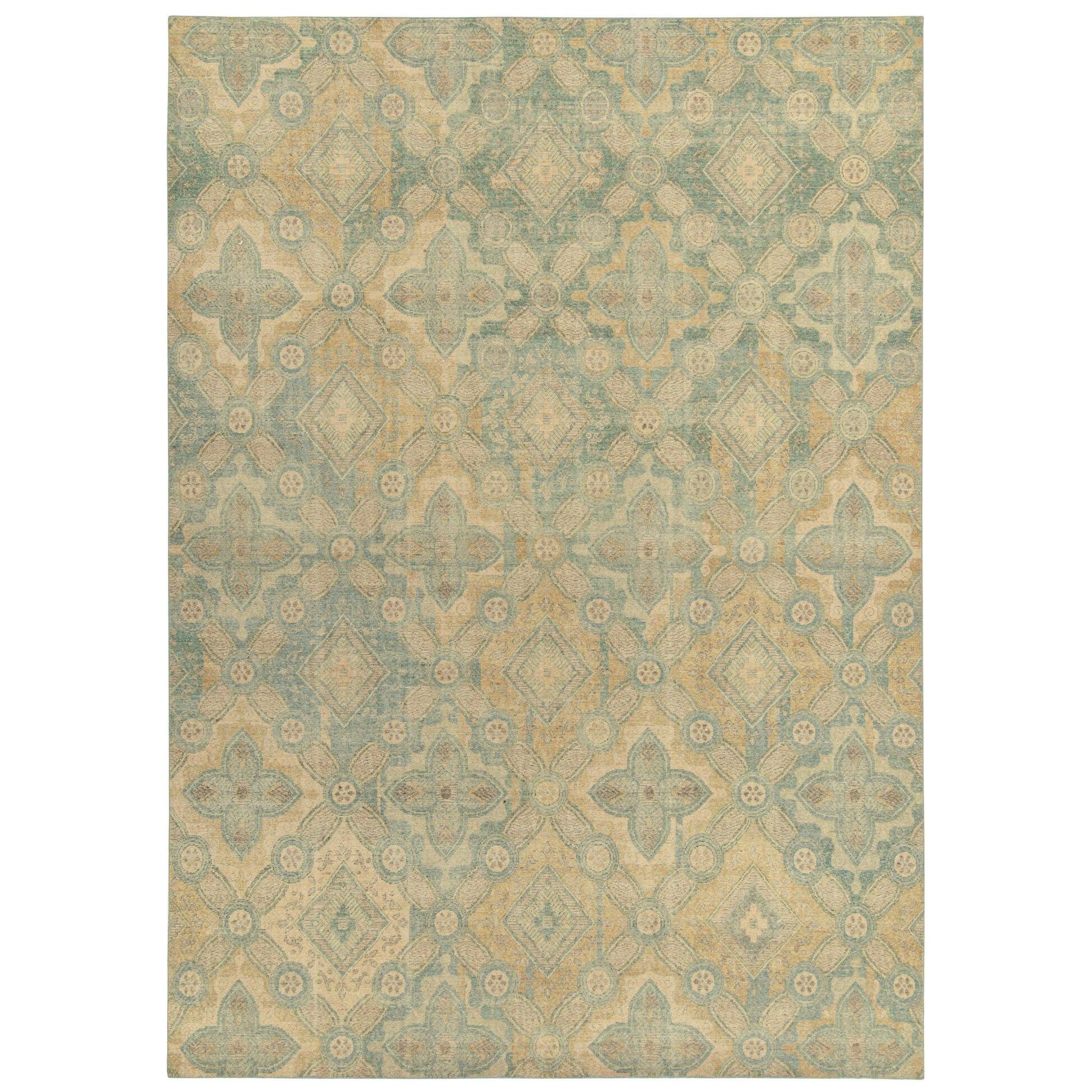 Distressed Style Rug in Blue & Gold Deco Pattern by Rug & Kilim