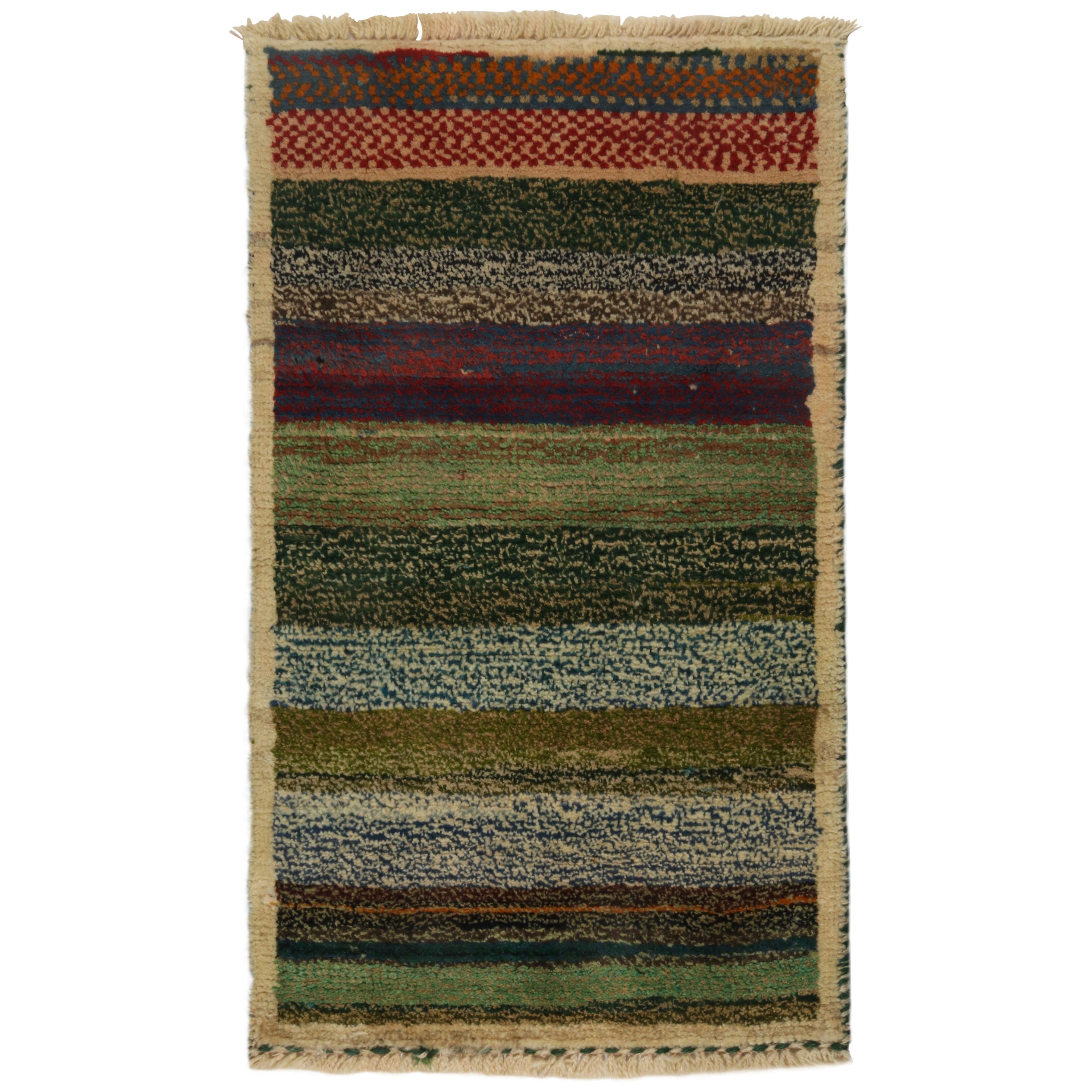  Vintage Gabbeh Tribal rug in Green, Beige-brown and Blue Shaggy Stripes