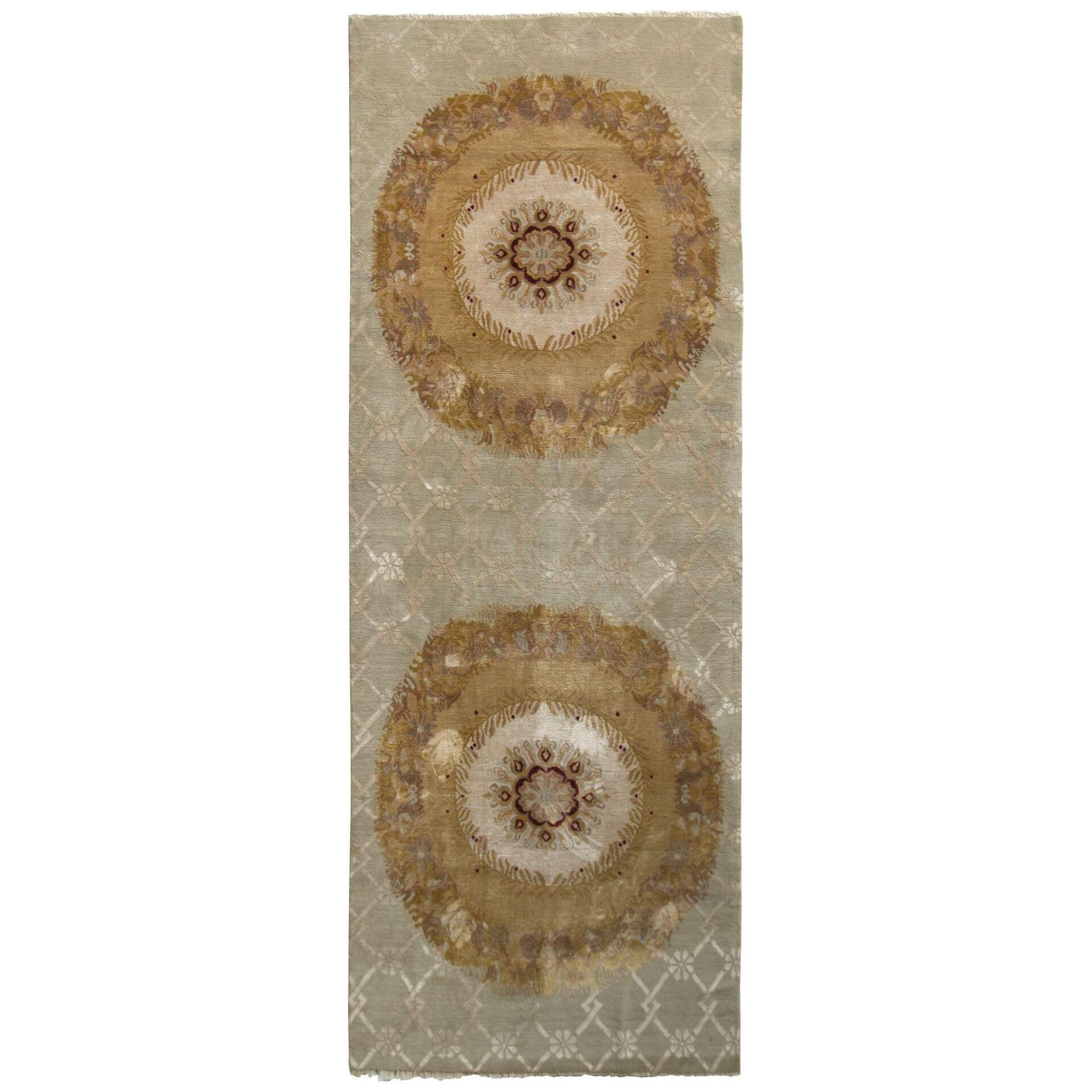 Rug & Kilim’s Aubusson Style Rug in Beige-Brown and Green Medallion Pattern