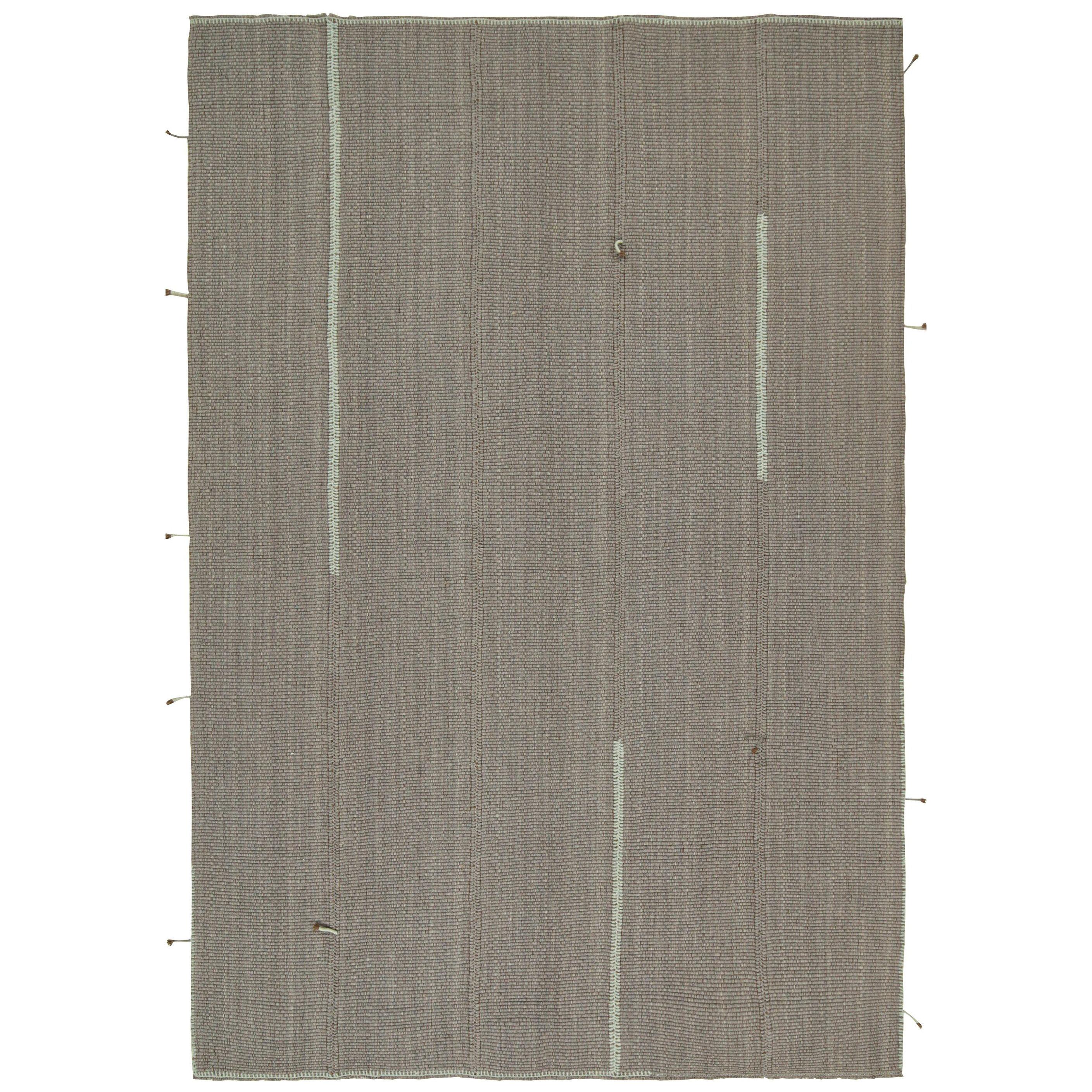  Rug & Kilim’s Contemporary Kilim Rug in Gray with Sky Blue and Brown Accents