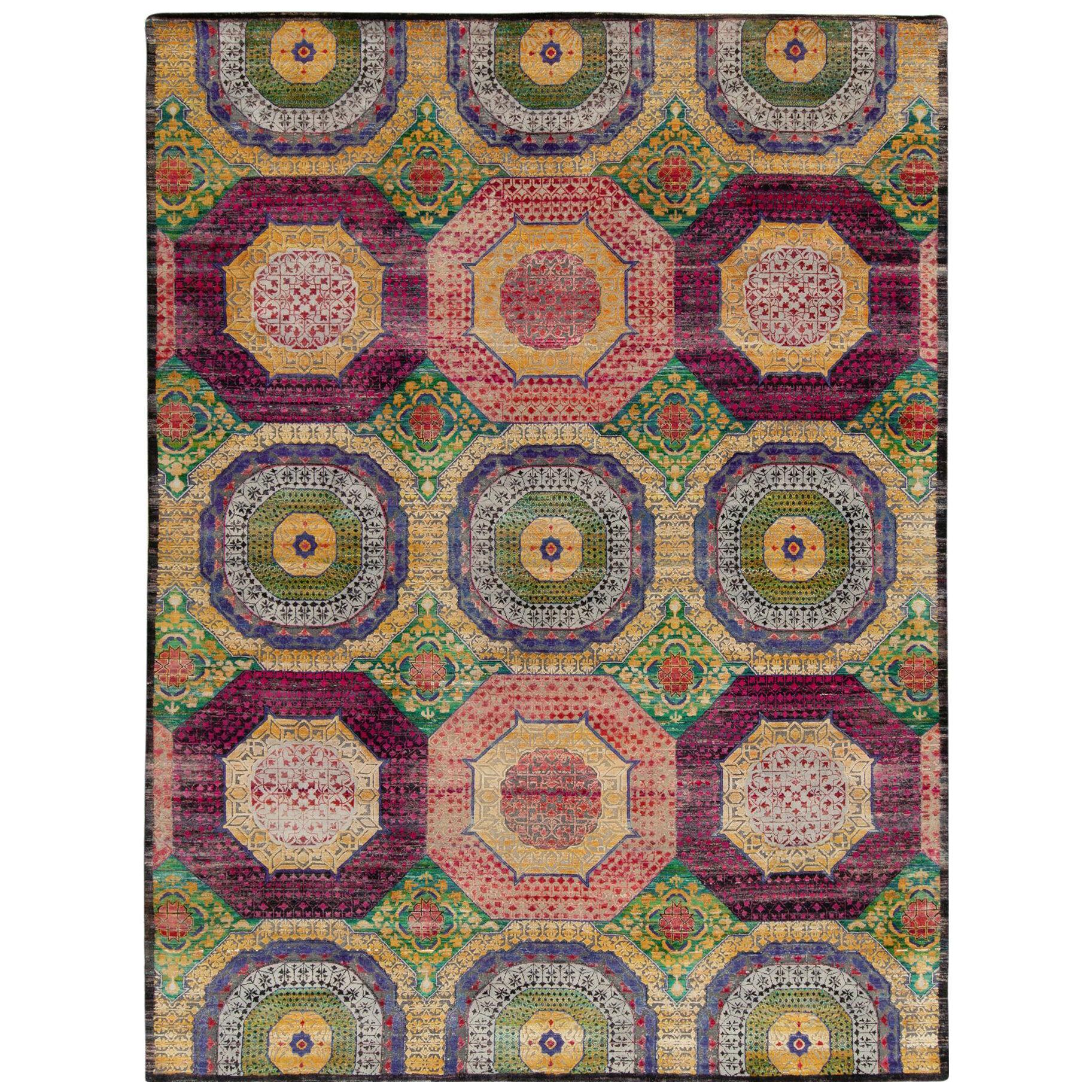 Rug & Kilim’s Mogul Style Rug in Gold, Purple and Blue Medallion Patterns