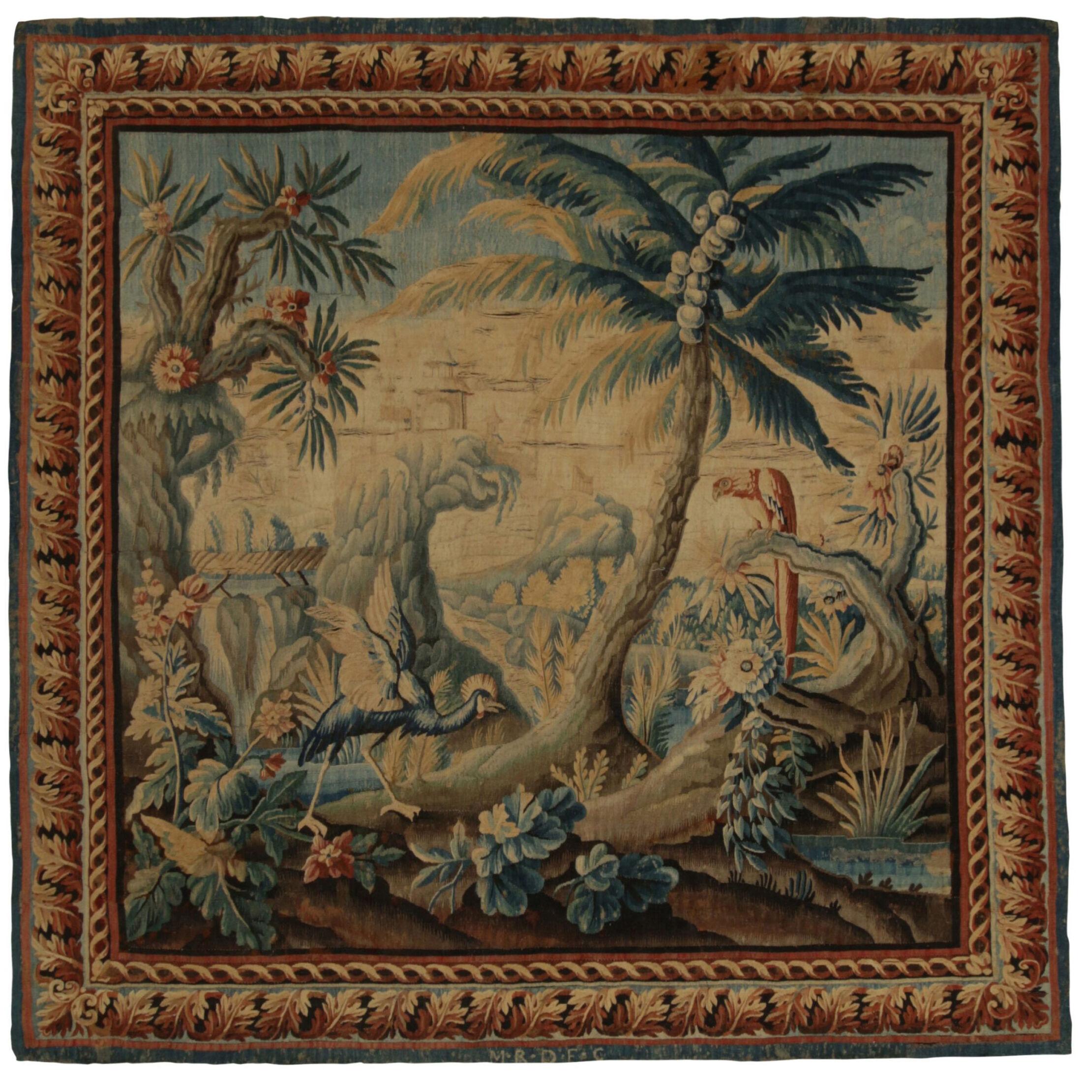 Antique French Aubusson Tapestry in Beige and Blue Chinoiserie-Style Pictorial