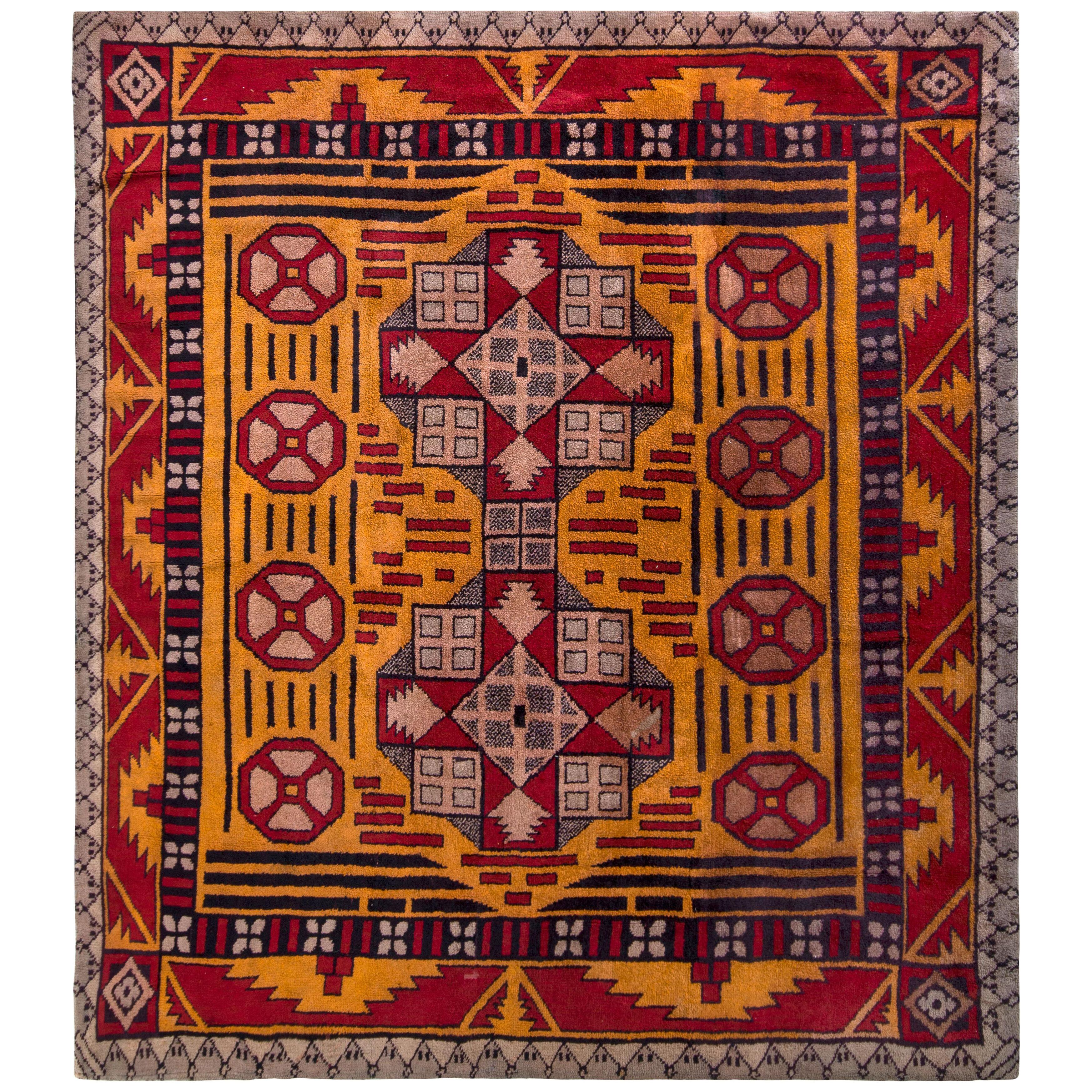 Hand-Knotted Antique Axminster Rug In Gold And Red Medallion Pattern 